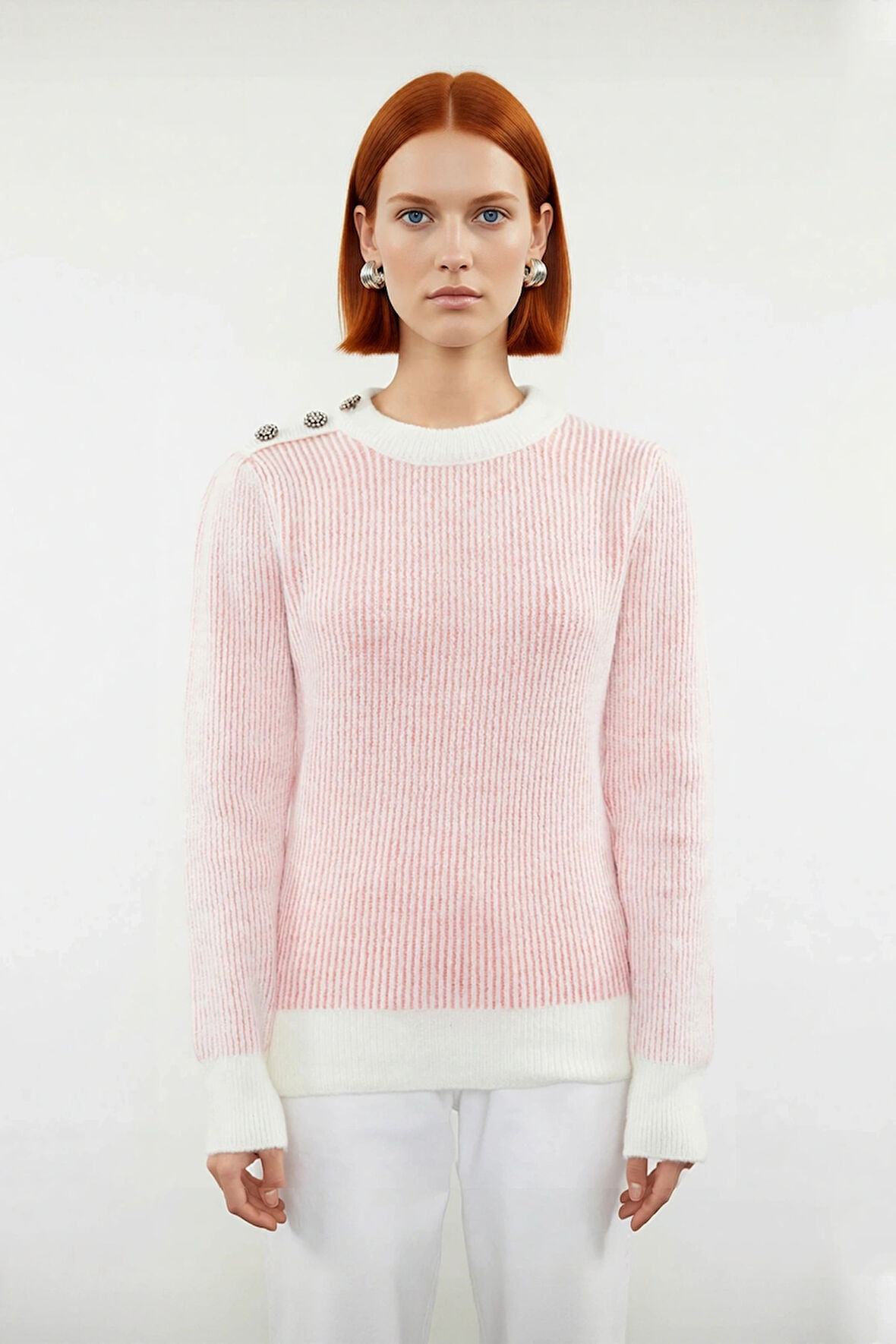 Kadın Mavi Beyaz Çizgili Selanik Dokulu Düğmeli Triko Kazak Kış Sonbahar İçin Basic Ve Konforlu