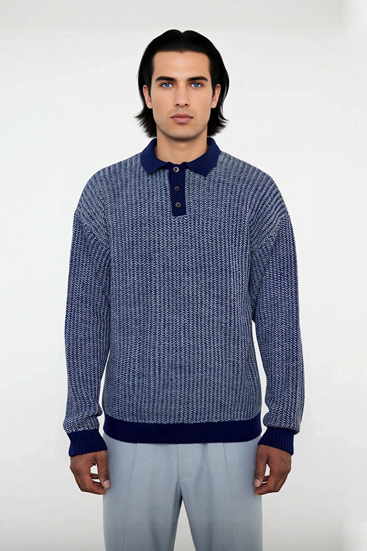 Erkek Dokulu Regular Kalıp Polo Yaka Akrilik Triko Kazak Kış Aylarında Günlük Şıklık Sunar