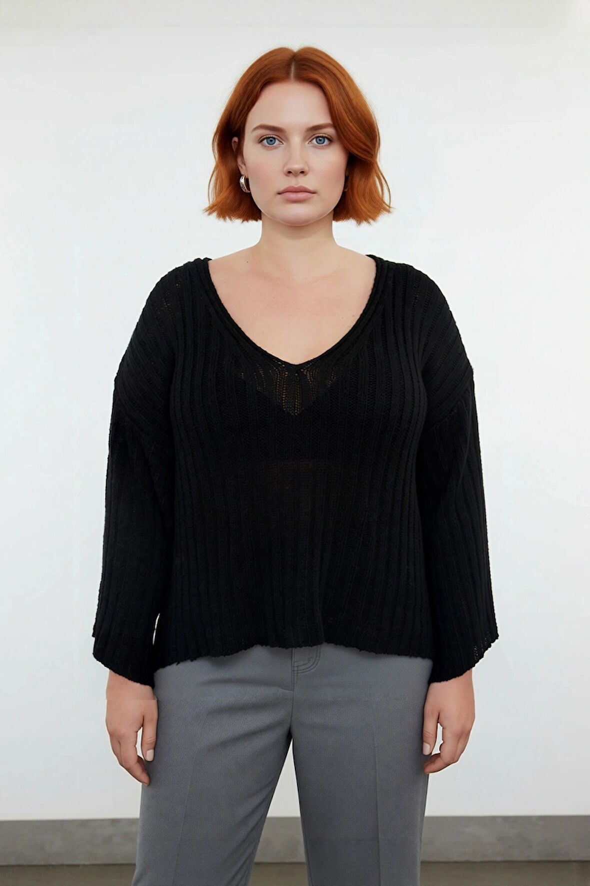 Kadın Triko V Yaka Düz Fitilli Kazak Günlük Kullanım İçin İdeal Regular Kalıp Düşük Kol Tasarım