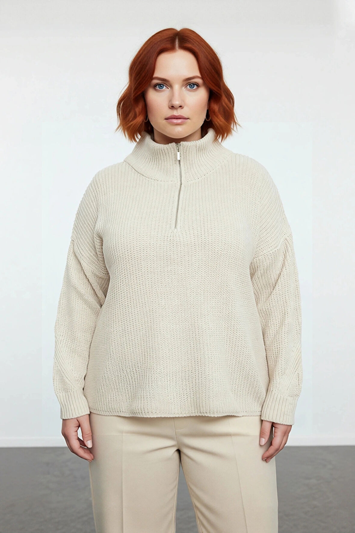 Kadın Kışlık Regular Kalıp Düz Desen Düşük Kol Fermuarlı Dik Yaka Akrilik Triko Kazak Kaliteli