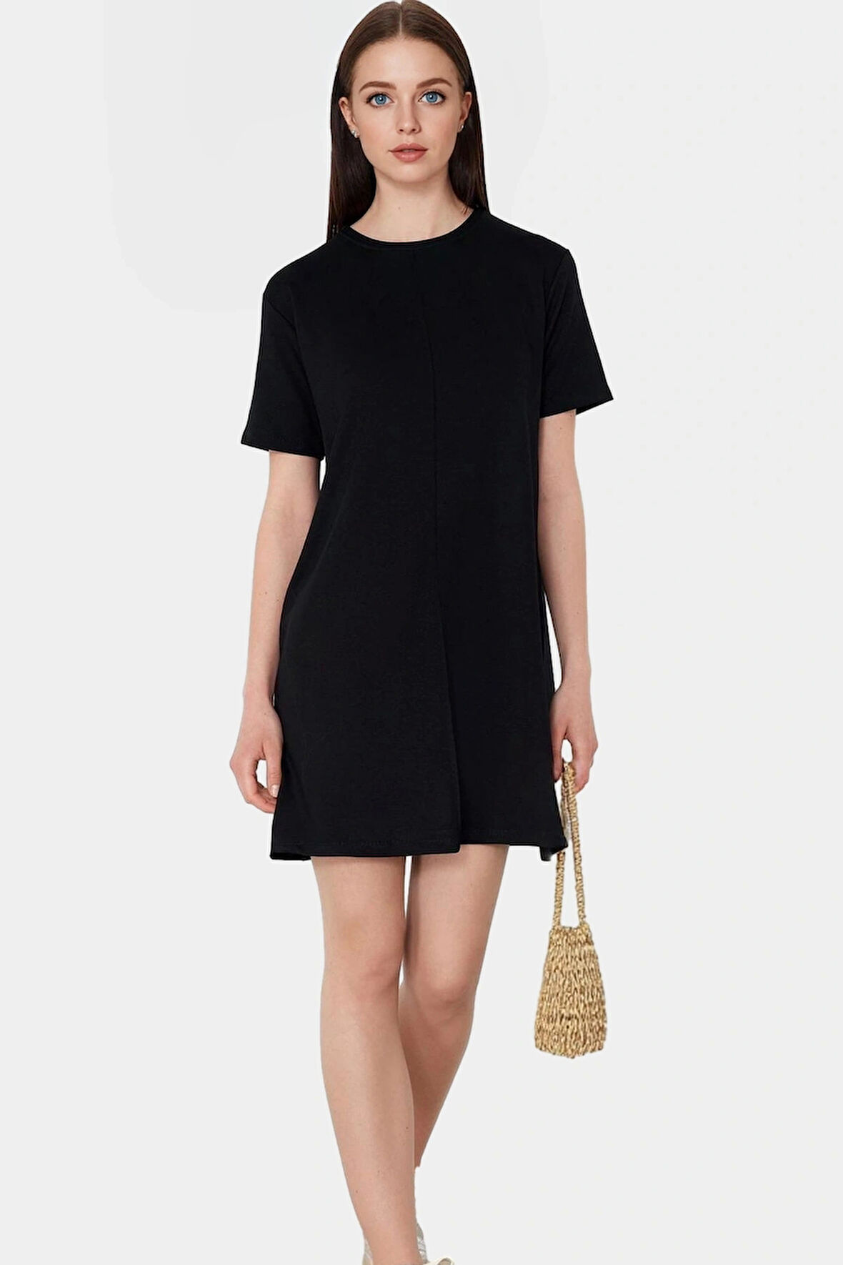 Nefes Alan Pamuklu Mini Elbise Örme Kumaş Bisiklet Yaka Rahat Kalıp Modern Stil Dayanıklı Malzeme