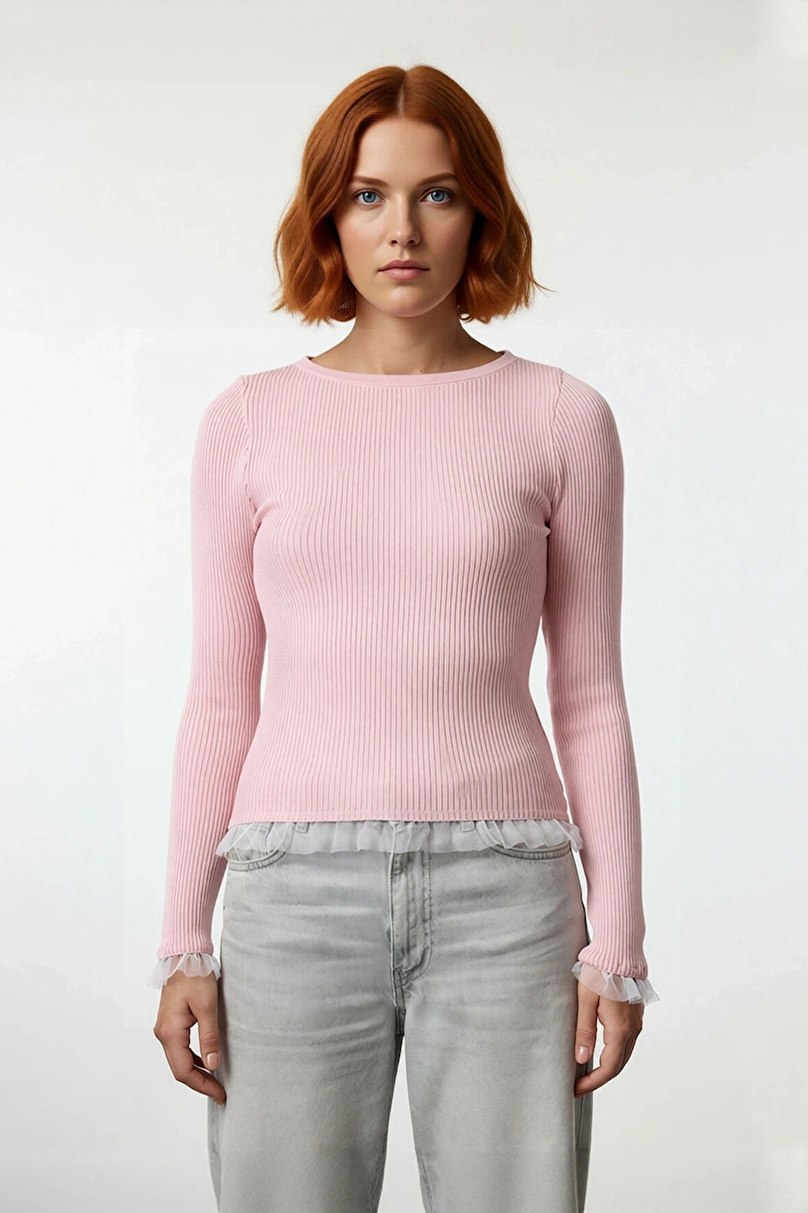 Kadın Zarif Fitted Triko Pembe Tül Detaylı Uzun Kollu Bisiklet Yaka Sonbahar Kazak Kaliteli