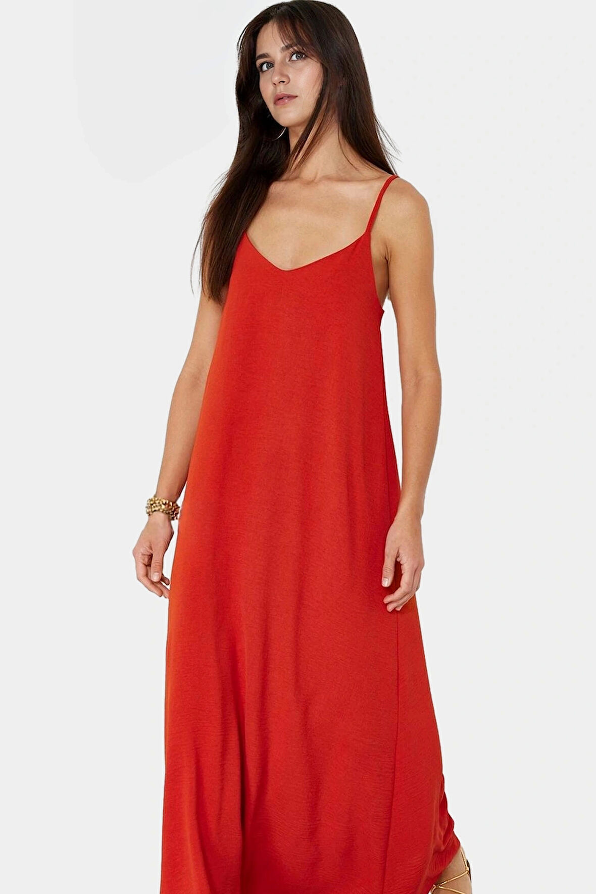 Şık V Yaka Kolsuz Maxi Elbise 130cm Boy Polyester Dokuma Rahat Seçkin Malzeme