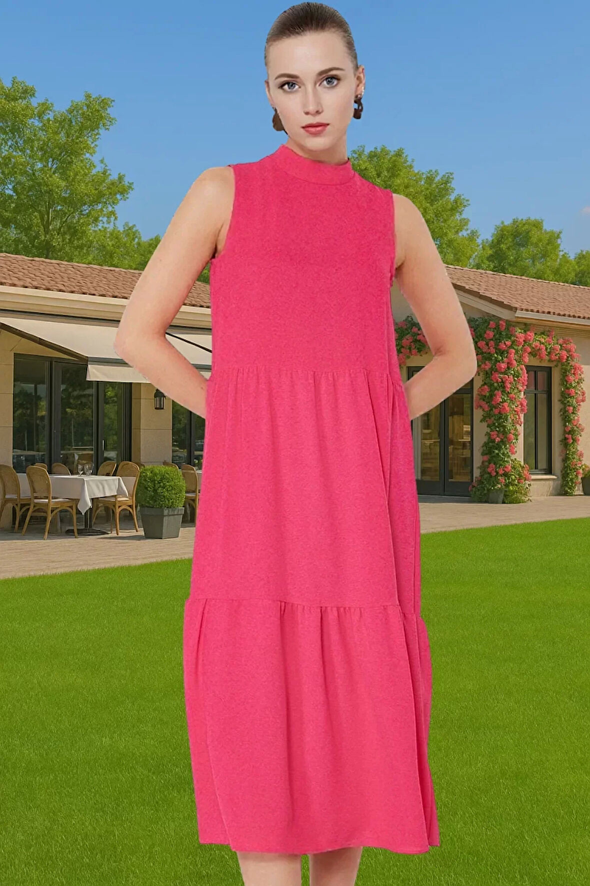 Kadın Şık Düz Kesim Kolsuz Midi Elbise Polyester Kumaş Nefes Alabilir Şık Görünüm Kaliteli İşçilik