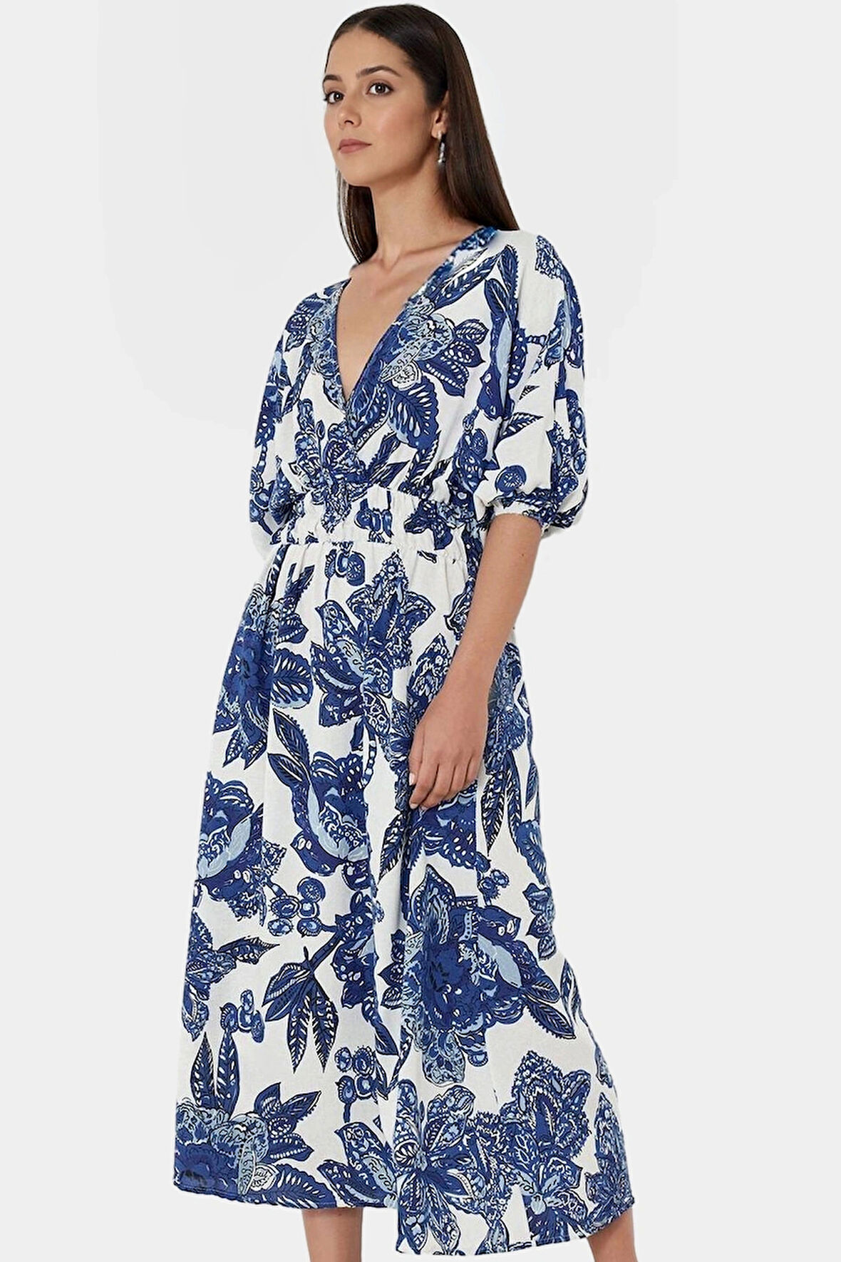 A line Midi Boy Polyester Dokuma Elbise Çiçek Desenli V Yaka Kısa Kol Günlük Kullanım İçin