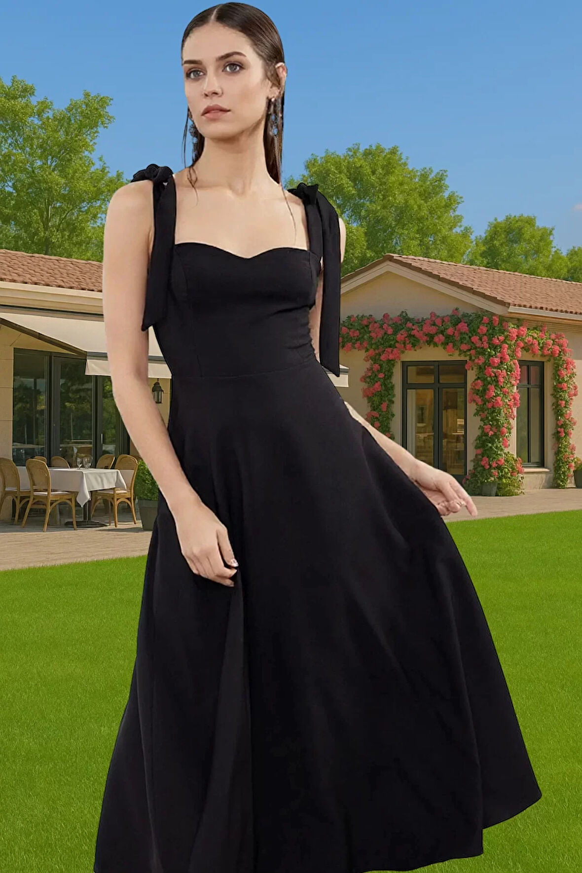 Feminen A Kesim Midi Abiye Elbise Polyester Elastan Dokuma Kumaştan Günlük Kullanım İçin