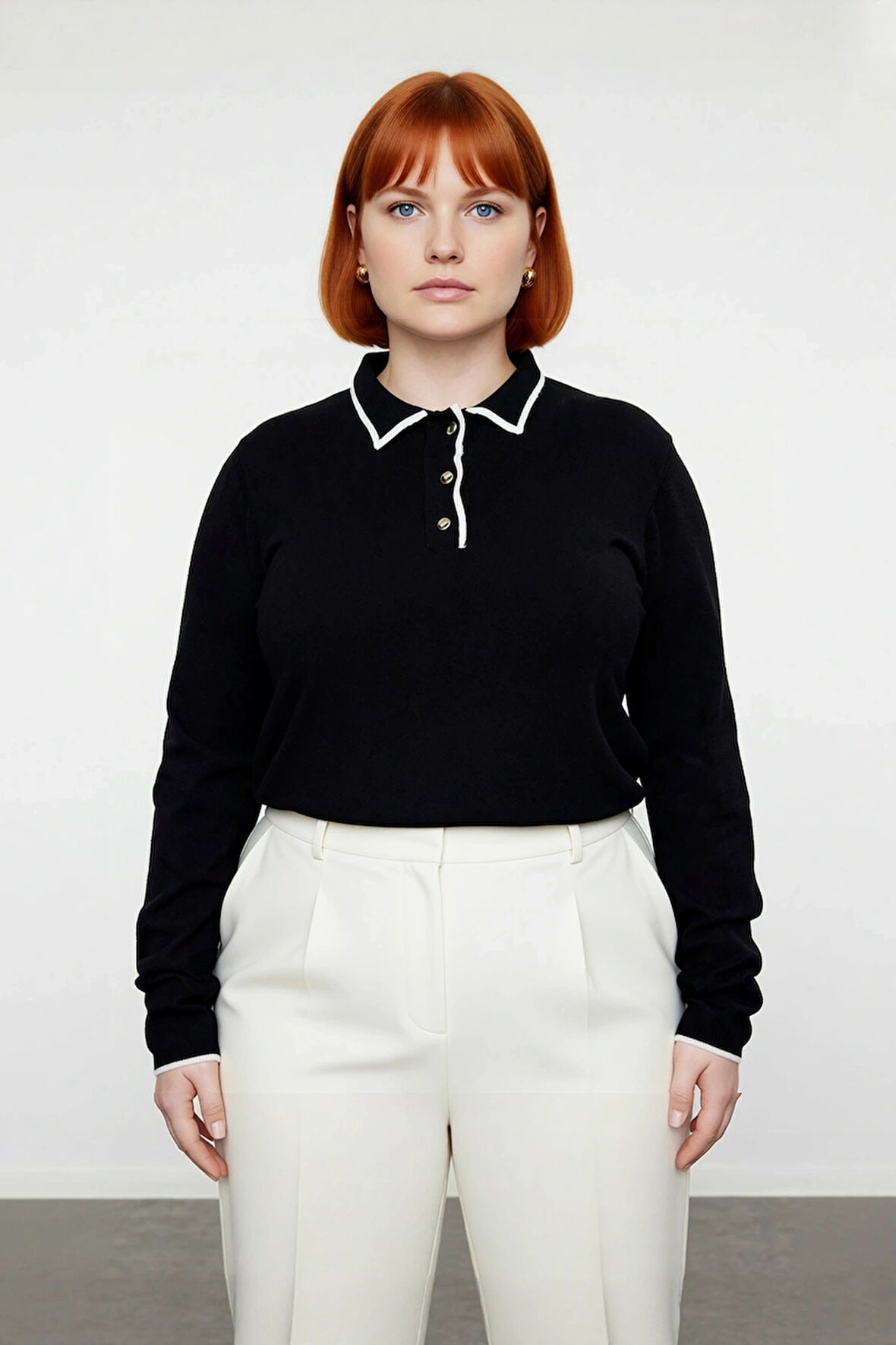 Kadın Siyah Düz Polo Yaka Triko Kazak Casual Tarz Regular Kalıp Kışlık Uzun Kollu Konforlu Seçim