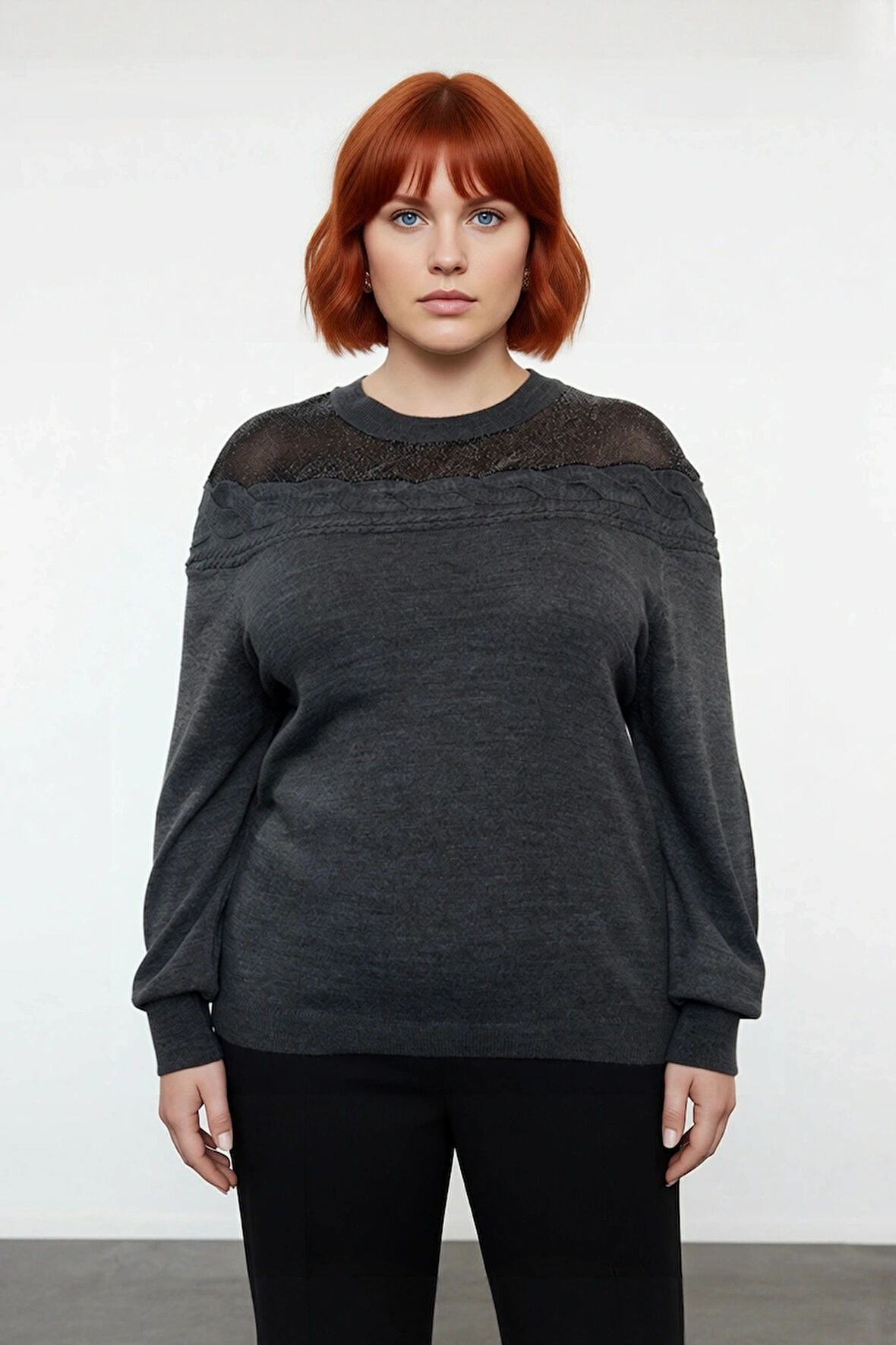 Kadın Antrasit Triko Kazak Zarif Saç Örgü Tül Detayları Bisiklet Yaka Uzun Kol Kış Modası İle Şık