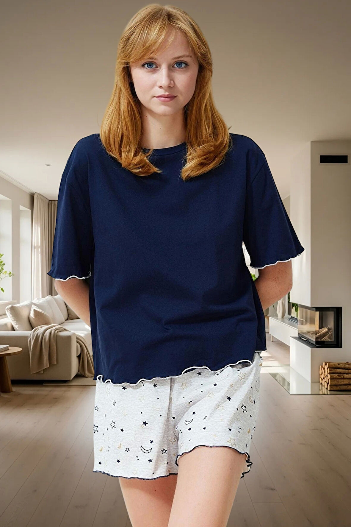 Rahatlığıyla Büyüleyecek Pijama Takımı Galaksi Desenli Pamuk Polyester Rahat Ve Şık