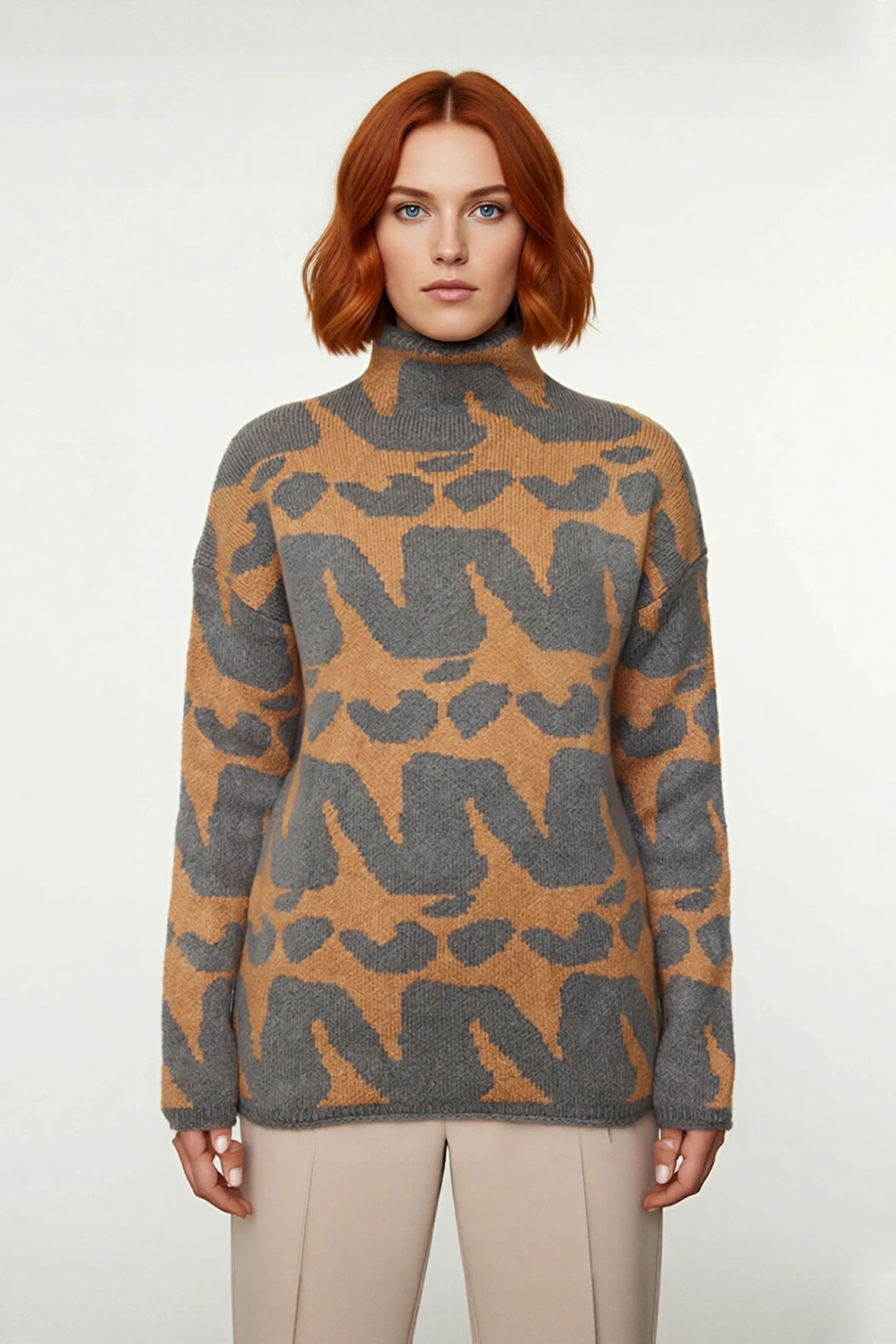 Kadın Rahat Kesim Yüksek Yaka Akrilik Triko Kazak Şık Desenleriyle Günlük Kombinlerinize Uyumlu