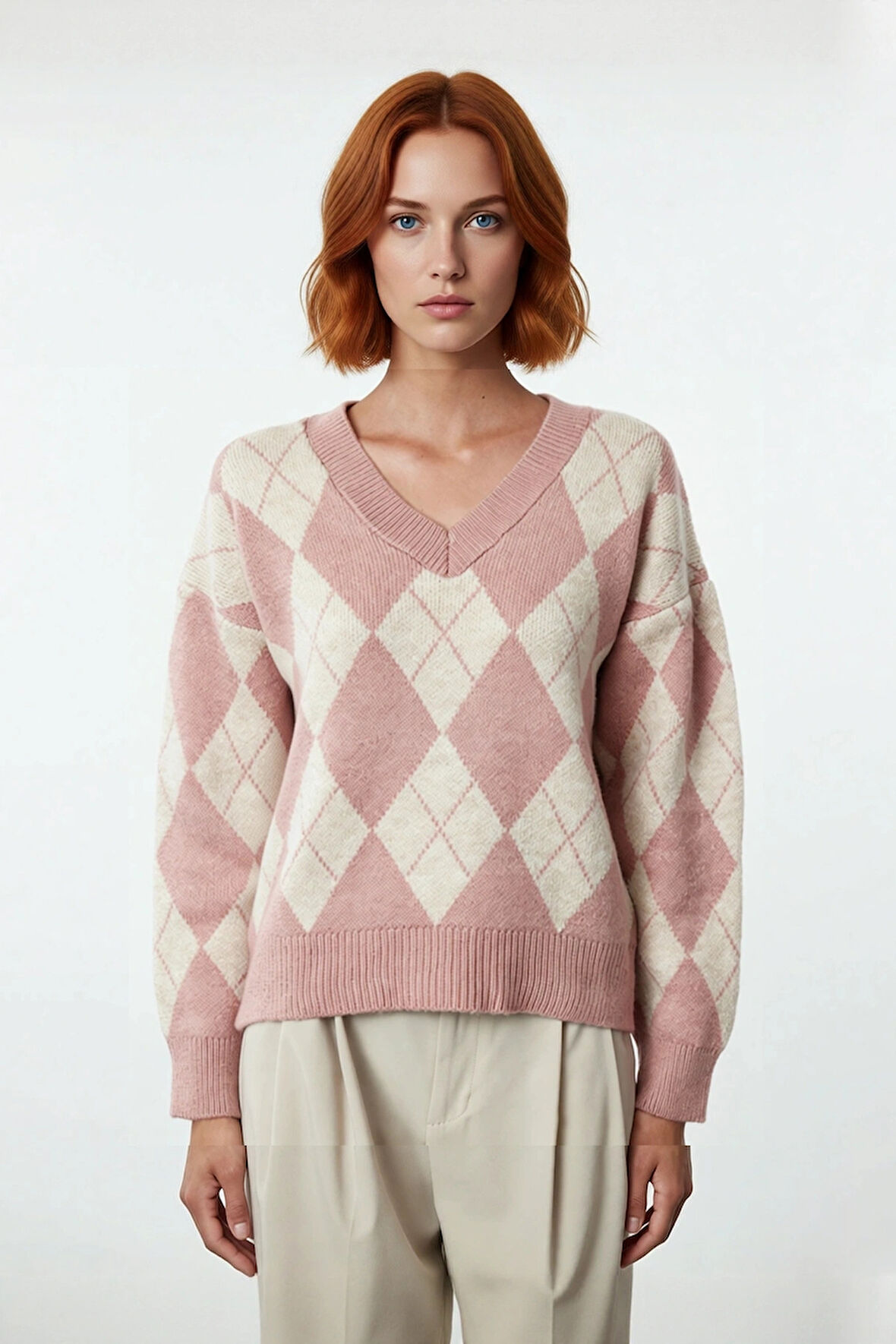 Kadın Oversize Baklava Desen V Yaka Düşük Kol Triko Kazak Soğuk Günlerde Sıcak ve Şık Stil