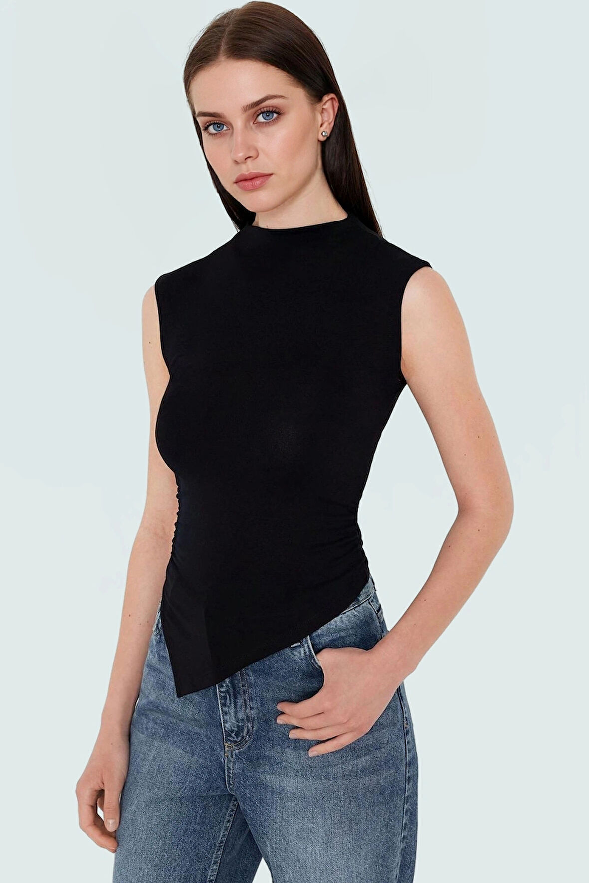 Dik Yaka Fitted Örme Bluz Regular Boy Asimetrik Kesim Mükemmel Uyum Özel Tasarım