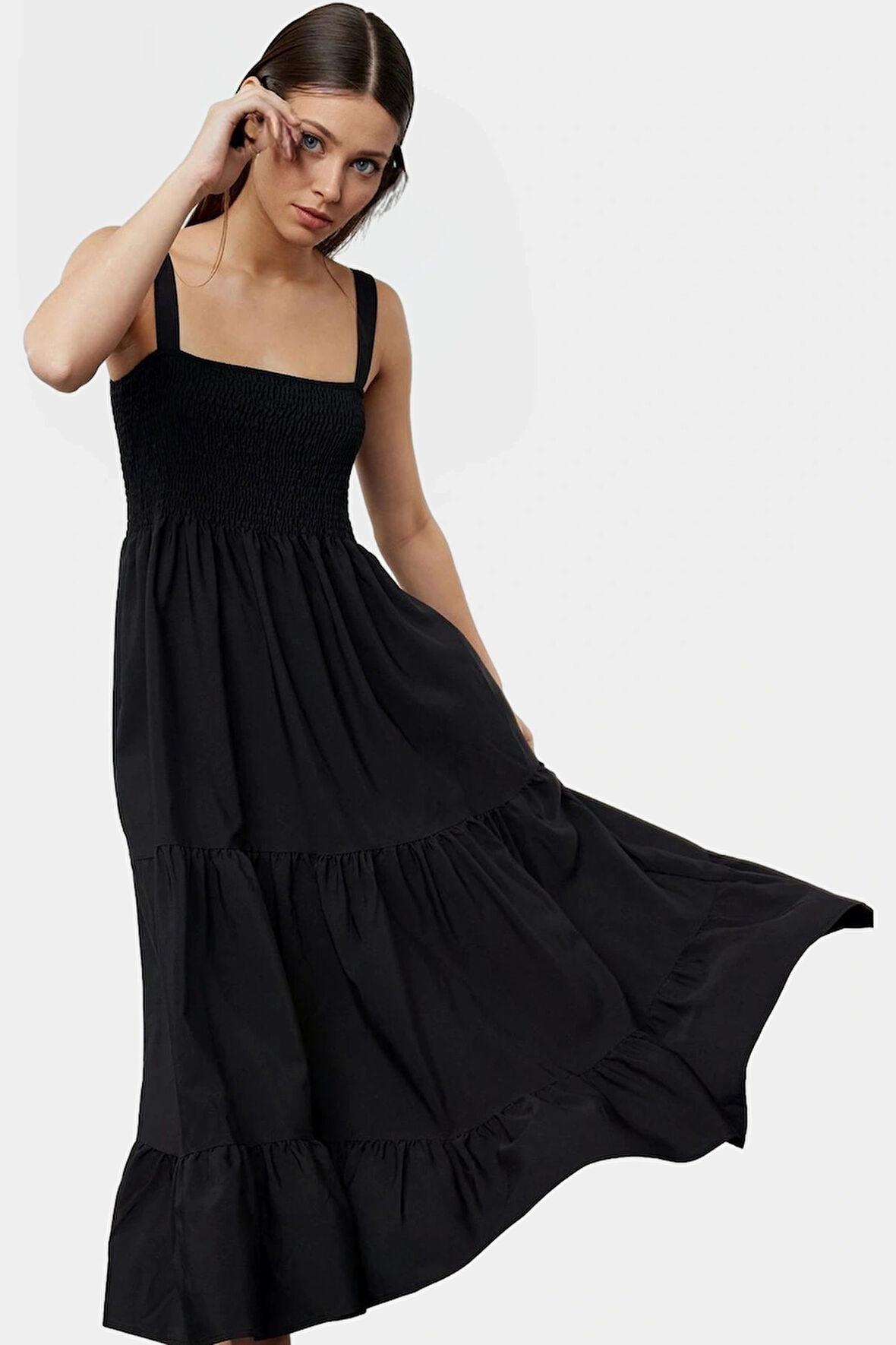 Terrycotton Maxi Elbise Gipeli Kare Yaka Skater Yazlık Trend Tasarım Zarifane