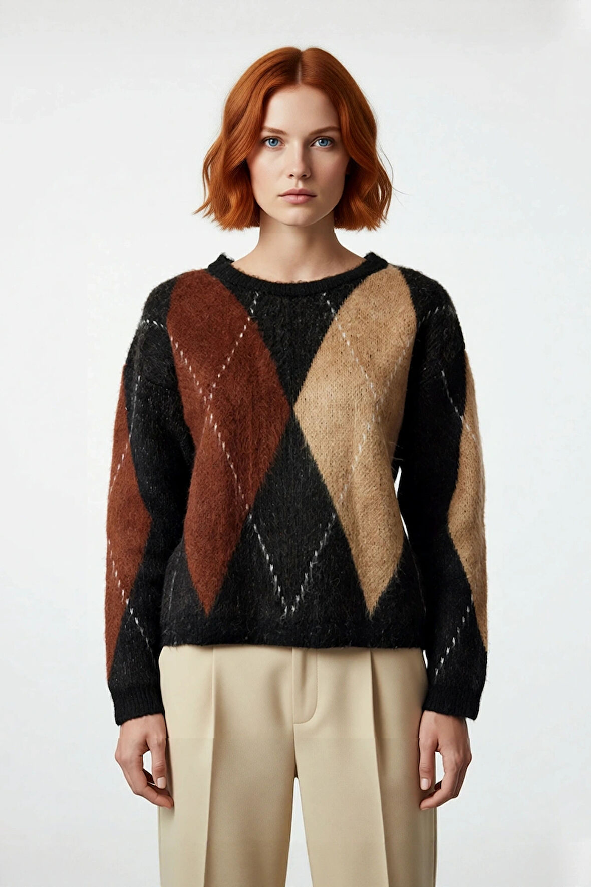 Kadın Standart Kol Rahat Kalıp Baklava Desenli Triko Kazak Kış Sezonu Günlük Kombinler İçin İdeal