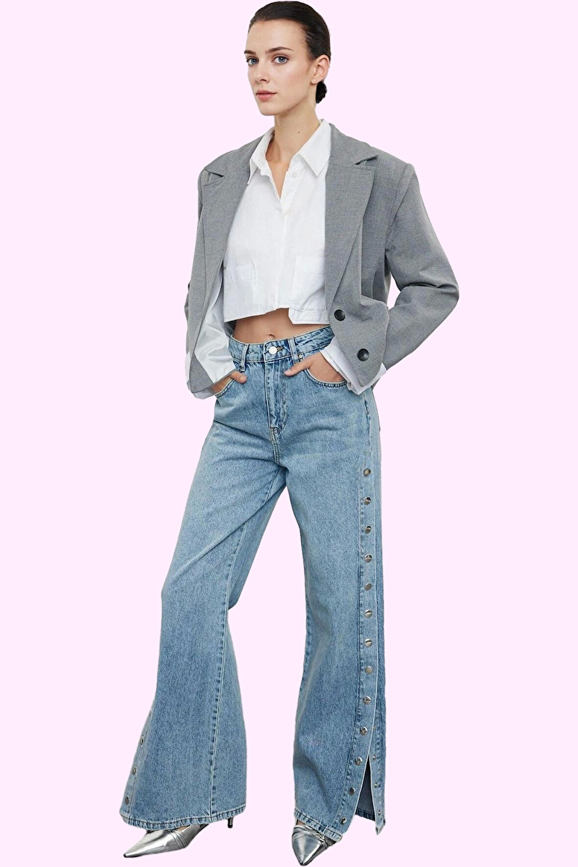 Kadın Care Koleksiyonu Pamuk Denim Pantolon Yüksek Bel Geniş Paça Casual Stil Günlük Kullanım