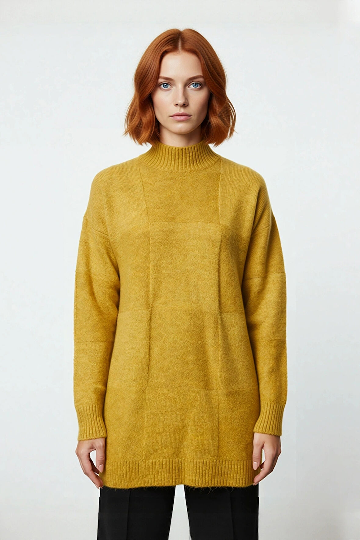 Kadın Uzun Kol Dik Yaka Regular Kalıp Geometrik Desen Triko Tunik Kazak Günlük Şıklığı Tamamlar