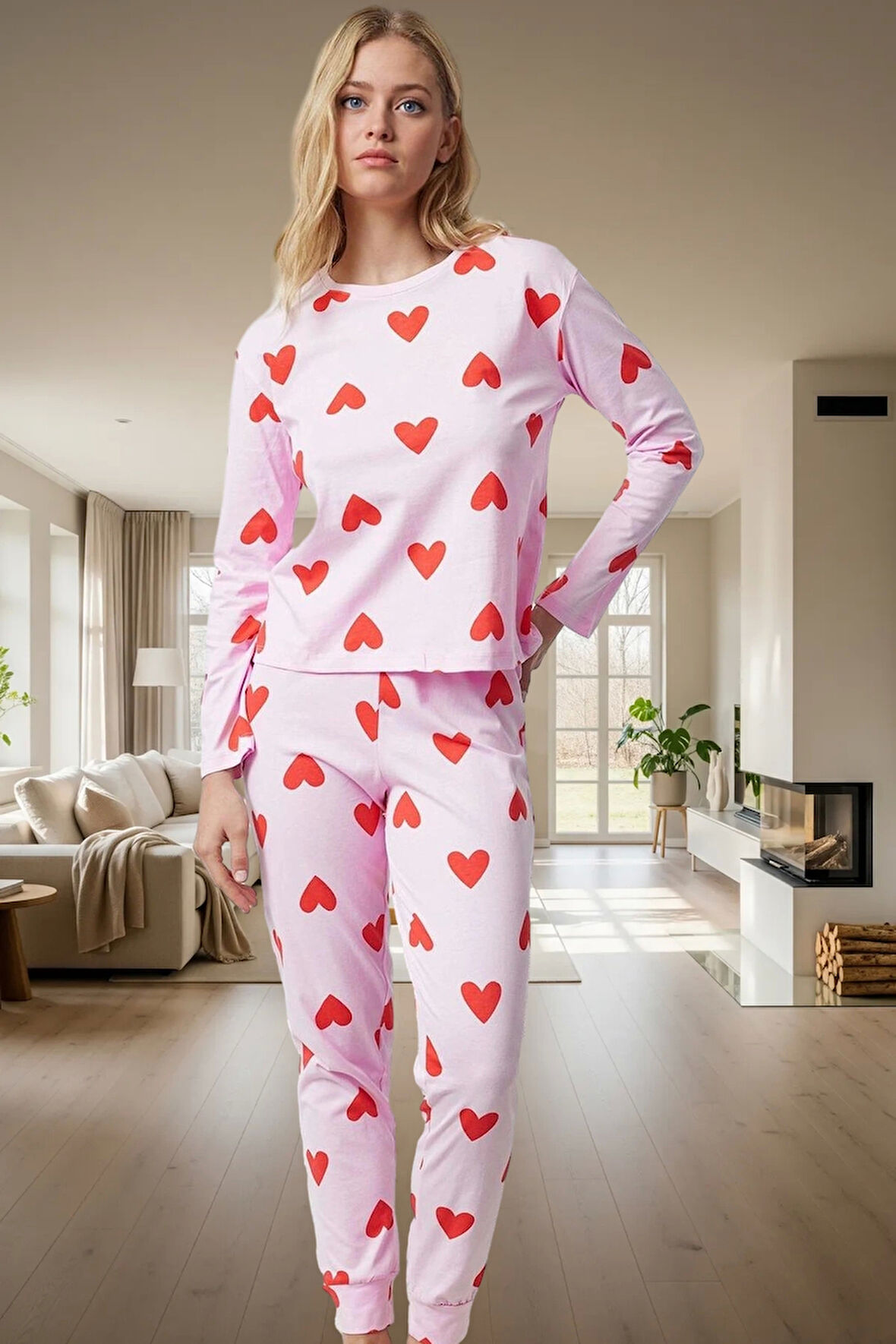 Pamuklu Kalpli Pijama Takımı Regular Kalıp Uzun Kollu Kışlık 2'li Konforlu Kesim