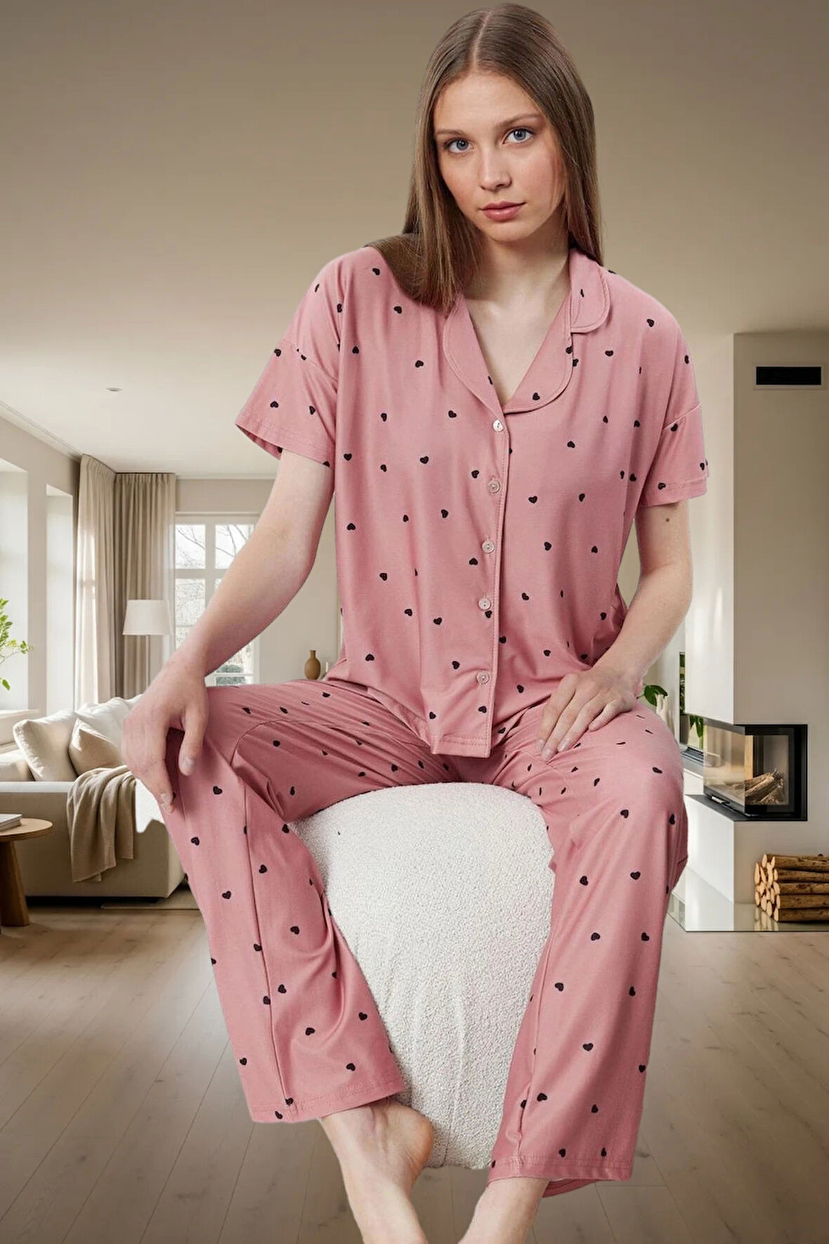 Kısa Kollu Uzun Paçalı Kalpli Pijama Takımı Ev Konforu İçin Mükemmel Seçim