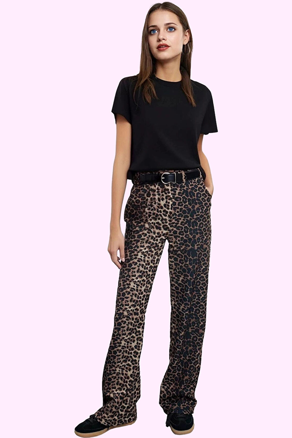Kadın Straight Kalıp Dokuma Pantolon Leopar Desenli Günlük Kullanım Yaz Aylarının Vazgeçilmezi