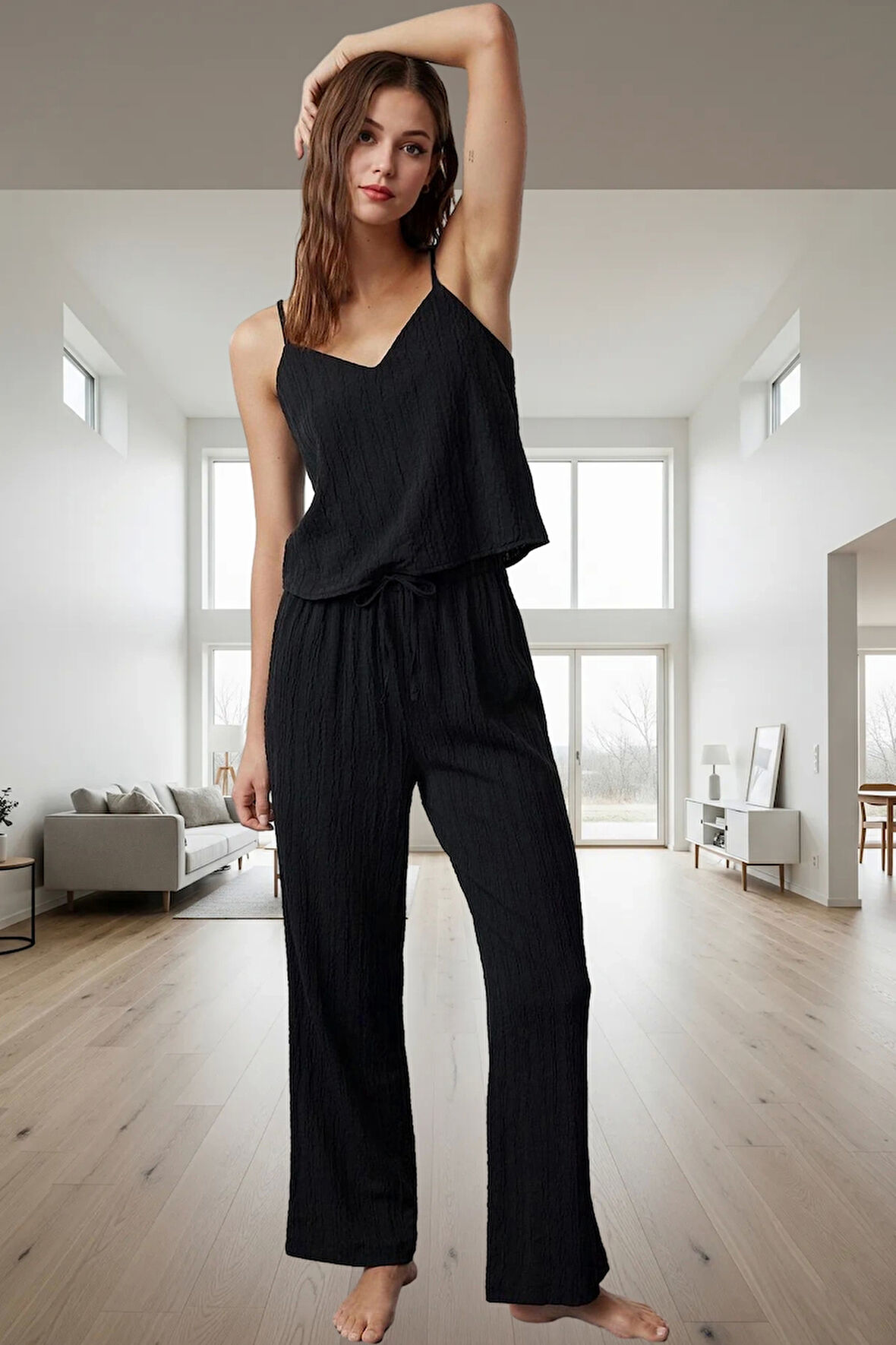 Rahat Geniş Paça Pijama Takımı Viskonlu Crinkle Dokuma Profesyonel Görünüm Ve Şık