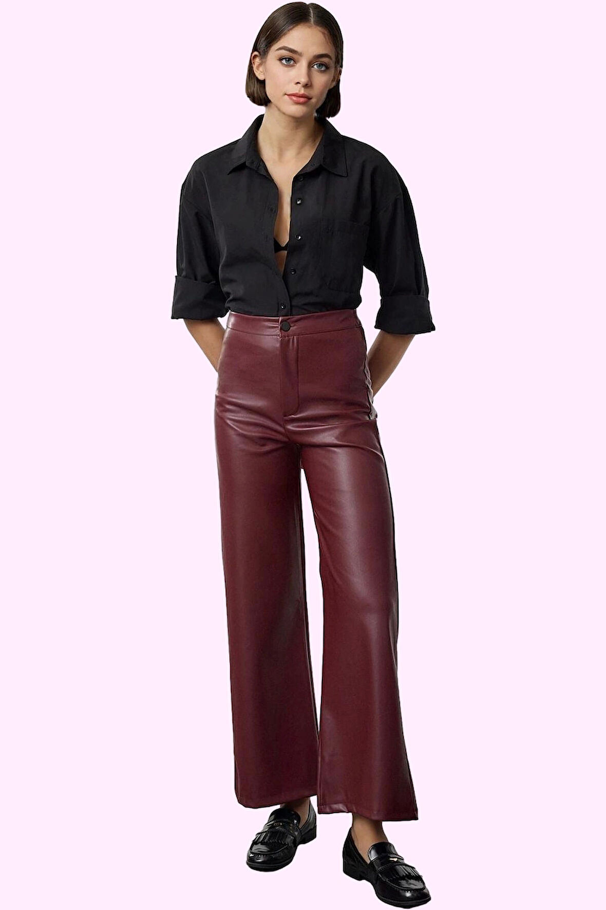 Kadın Yüksek Bel Geniş Paça Örme Pantolon Suni Deri Günlük Şıklık Yaz Aylarının Vazgeçilmezi