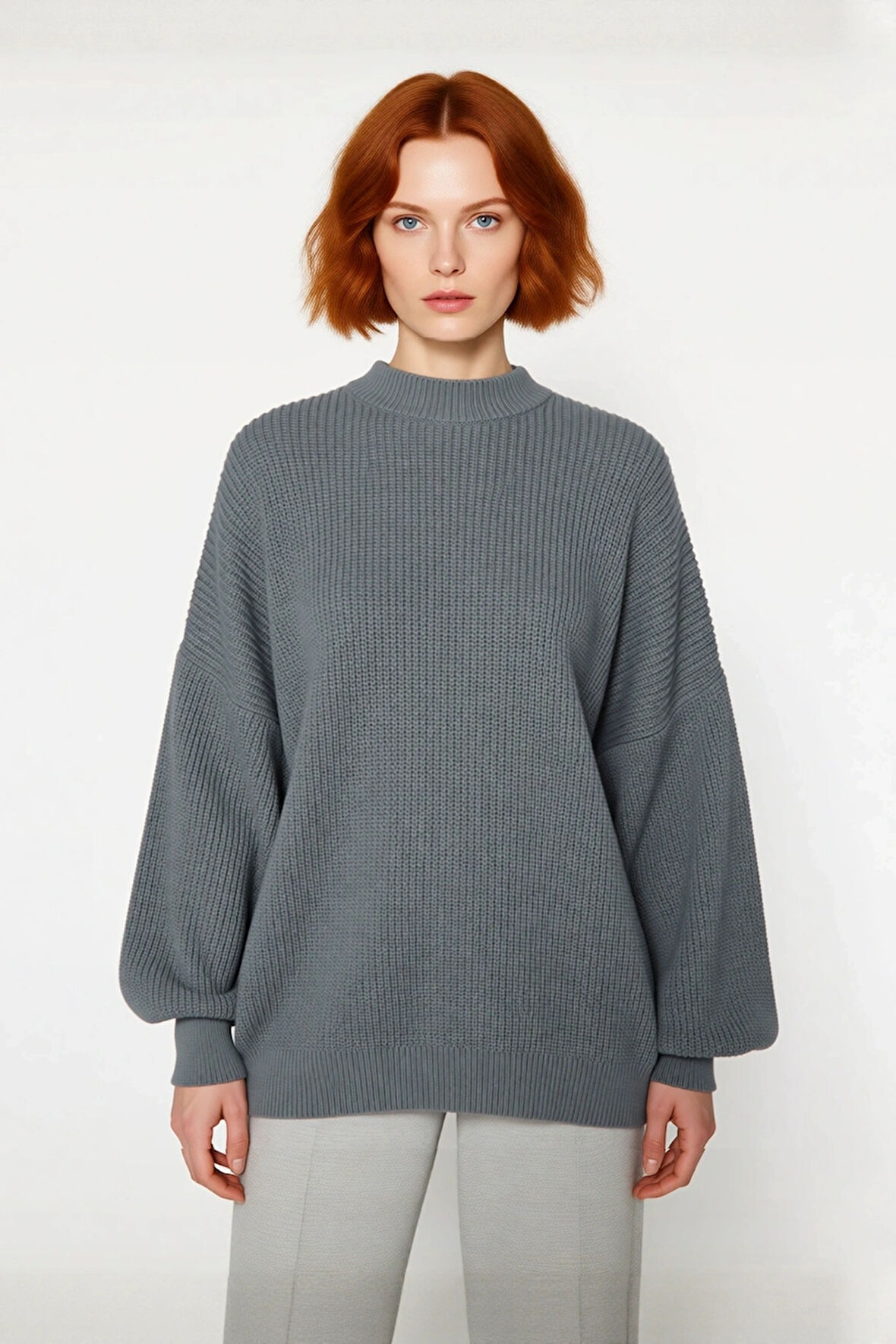 Kadın Oversize Basic Uzun Balon Kol Selanik Dokuma Triko Kazak 100% Akrilik Soğuk Havalar Kaliteli