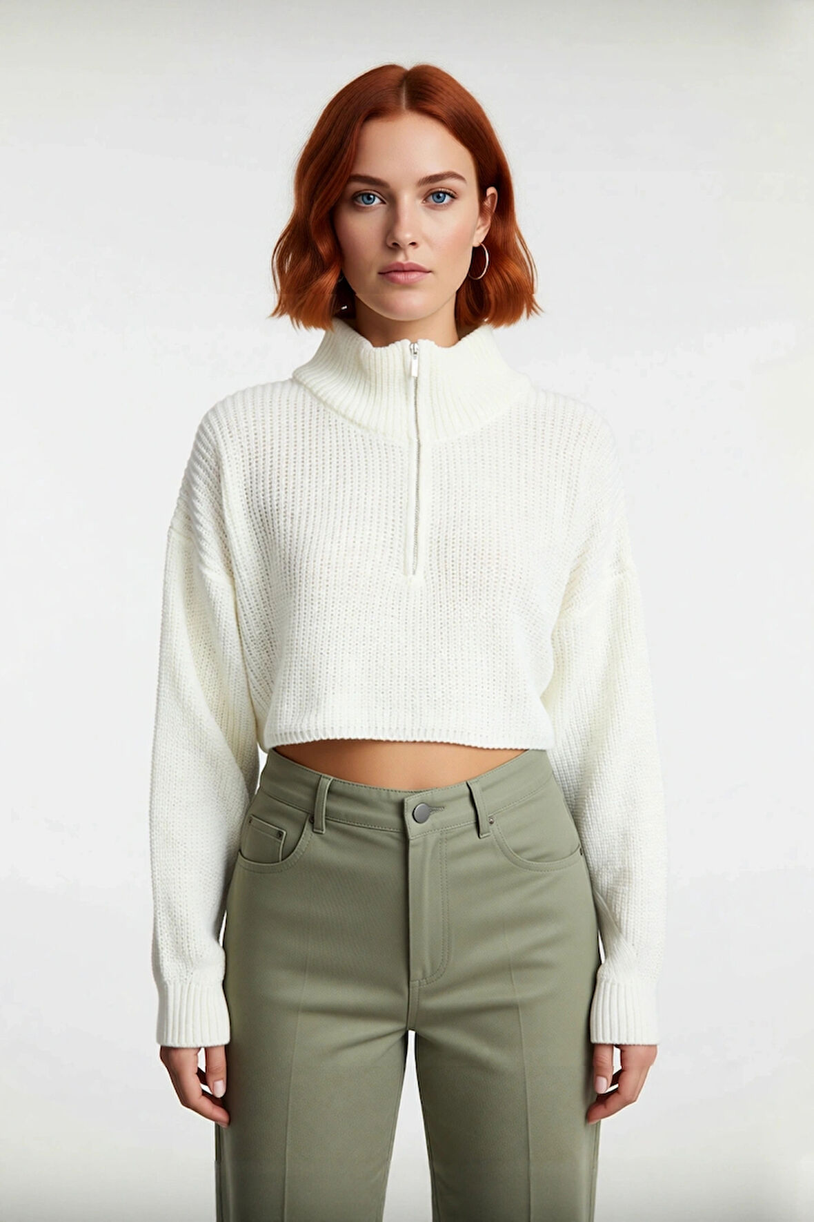 Kadın Basic Oversize Düşük Uzun Kollu Crop Fermuarlı Dik Yaka Triko Kazak Kışlık Rahat Stiller