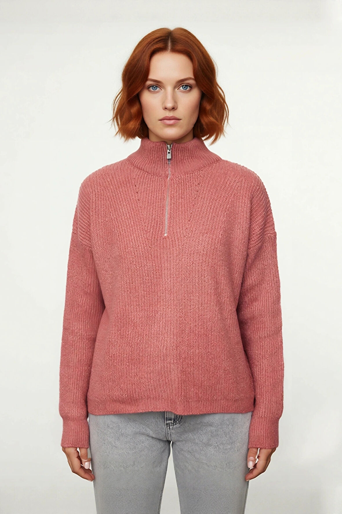 Kadın Oversize Basic Dokulu Uzun Kollu Fermuarlı Dik Yaka Selanik Örgü Triko Kazak Kaliteli