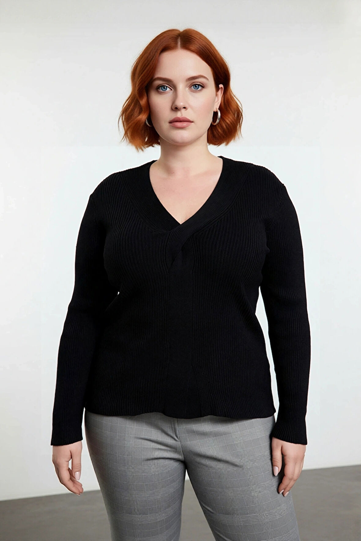 Kadın Düz Desen Fitilli V Yaka Uzun Kollu Triko Kazak Sonbahar Kış Şıklığı İçin İdeal Kaliteli