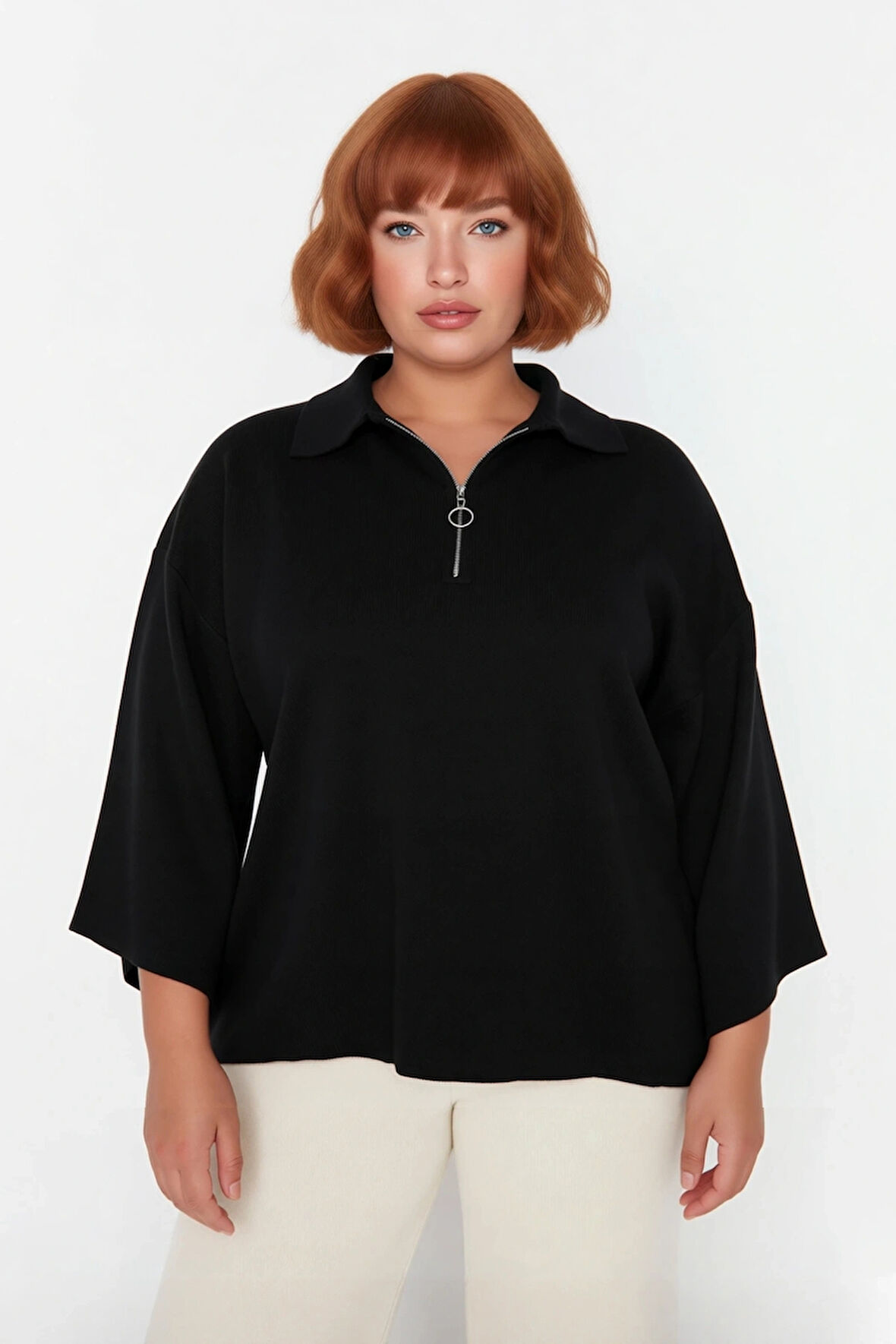 Kadın Büyük Beden Relaxed Kalıp Polo Yaka Fermuarlı Düşük Omuz Truvakar Kol Triko Kazak Kaliteli