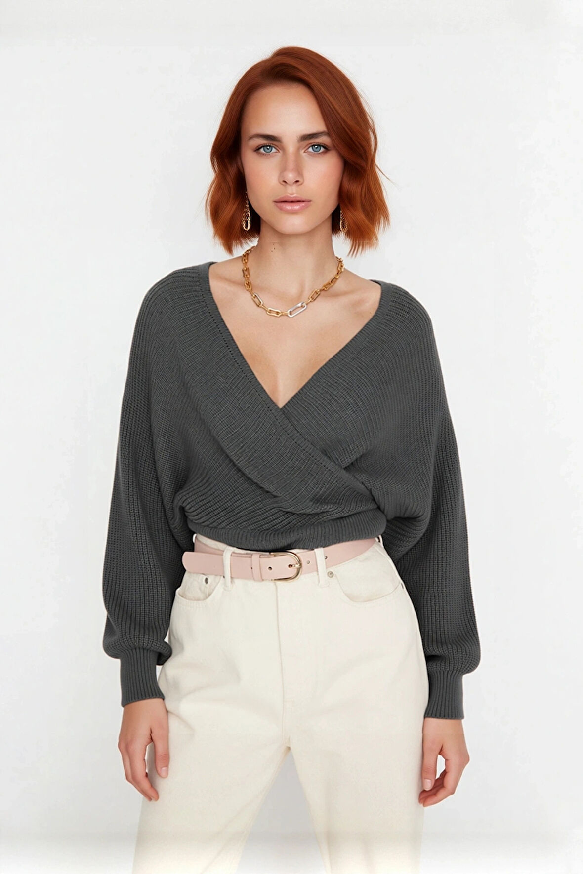 Kadın Basic Düz Desen Yarasa Kol Uzun Kollu Orta Kalınlık Akrilik Süper Crop Triko Kazak Kaliteli