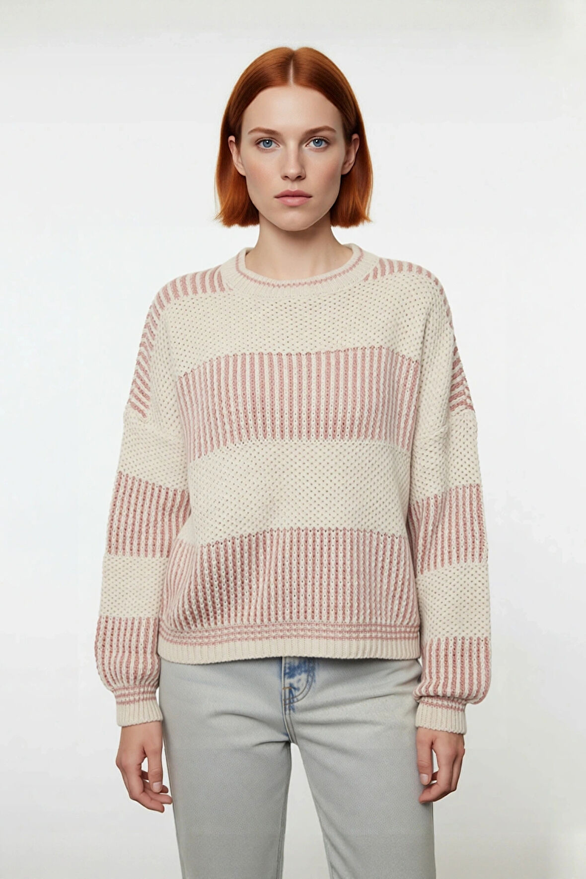 Kadın Rahat Kalıp Düşük Kol Bisiklet Yaka Renk Bloklu Akrilik Triko Kazak Günlük Kullanım Şıklığı.