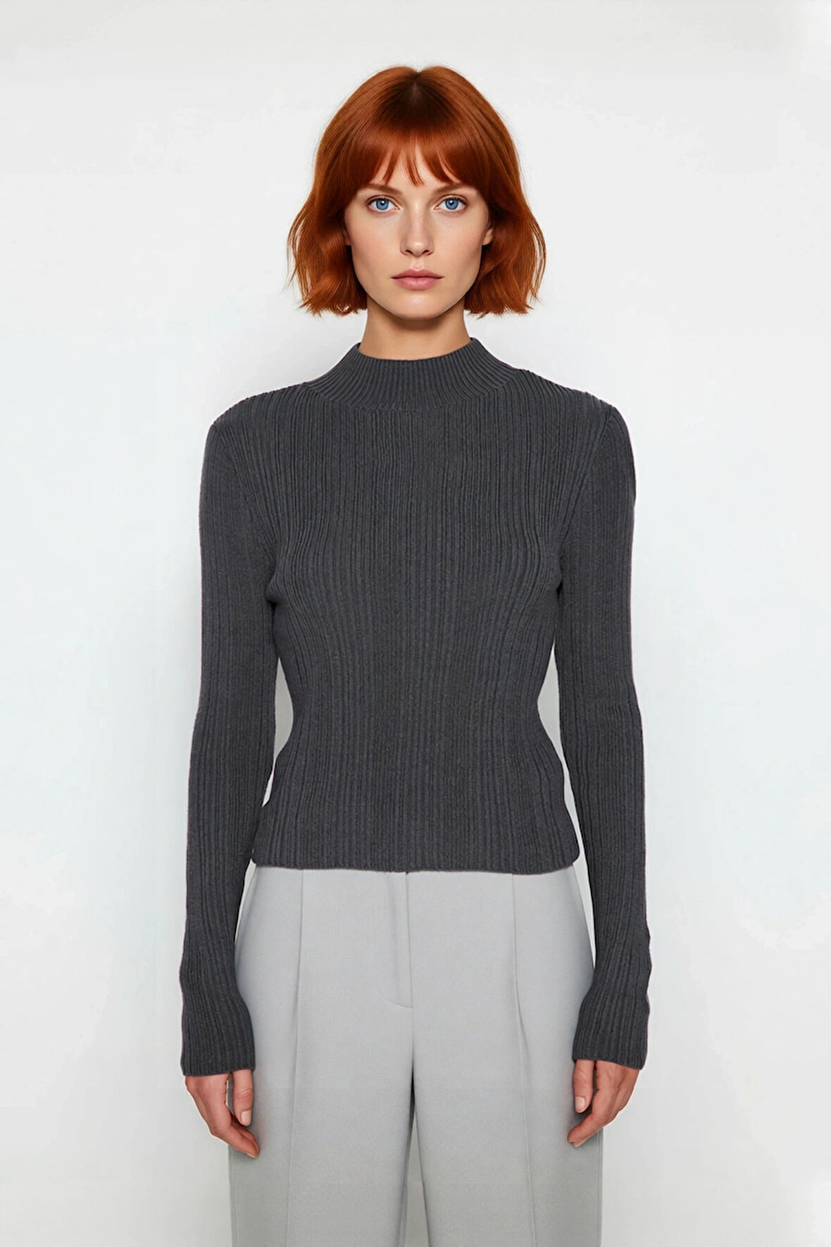 Kadın Fitted Dik Yaka Fitilli Uzun Kollu Triko Kazak Günlük Basic Siluet Kış Sonbahar Konforu