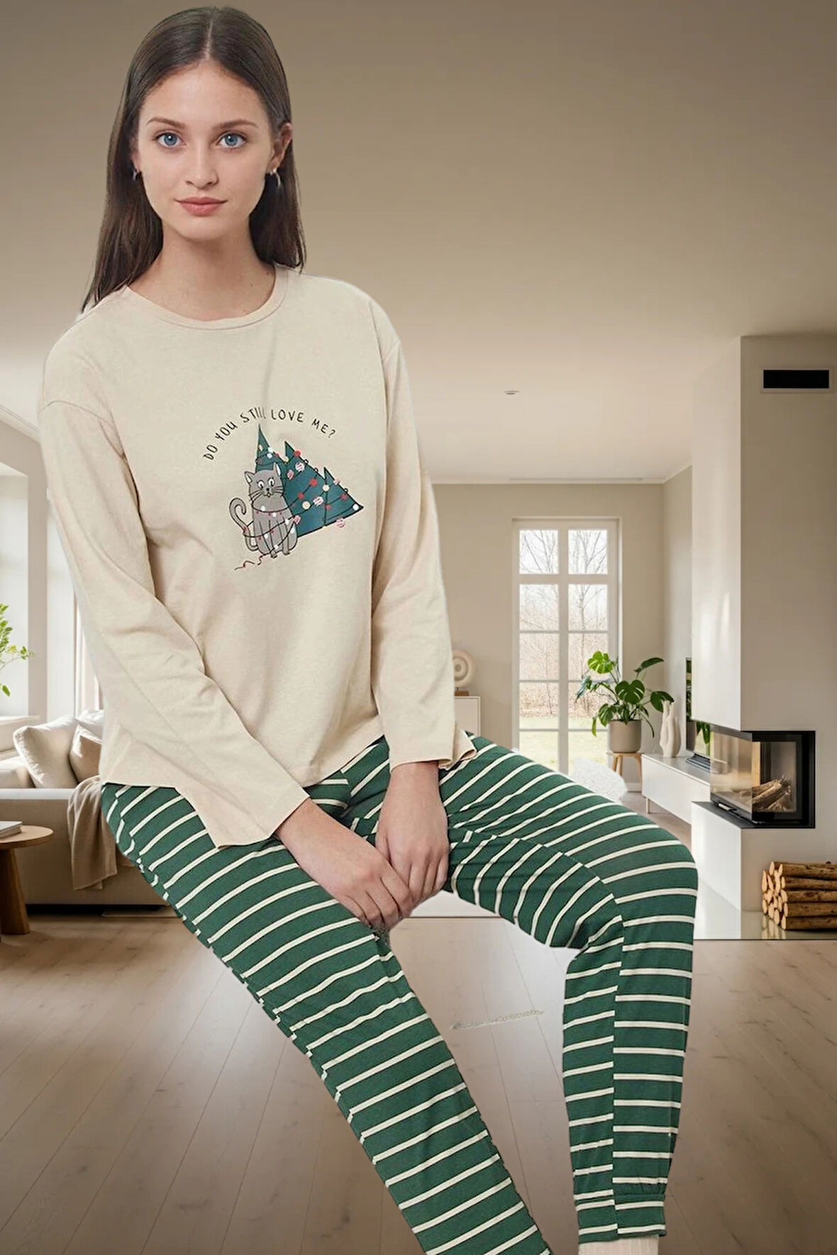 Çizgili Pamuklu Kadın Pijama Takımı Yılbaşı Desenli Rahat Profesyonel Görünüm