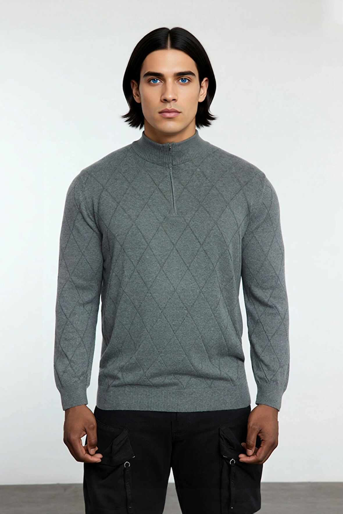 Erkek Gri Regular Fit Yarım Fermuarlı Dik Yaka Baklava Triko Kazak Kışlık Günlük Şıklık İçin