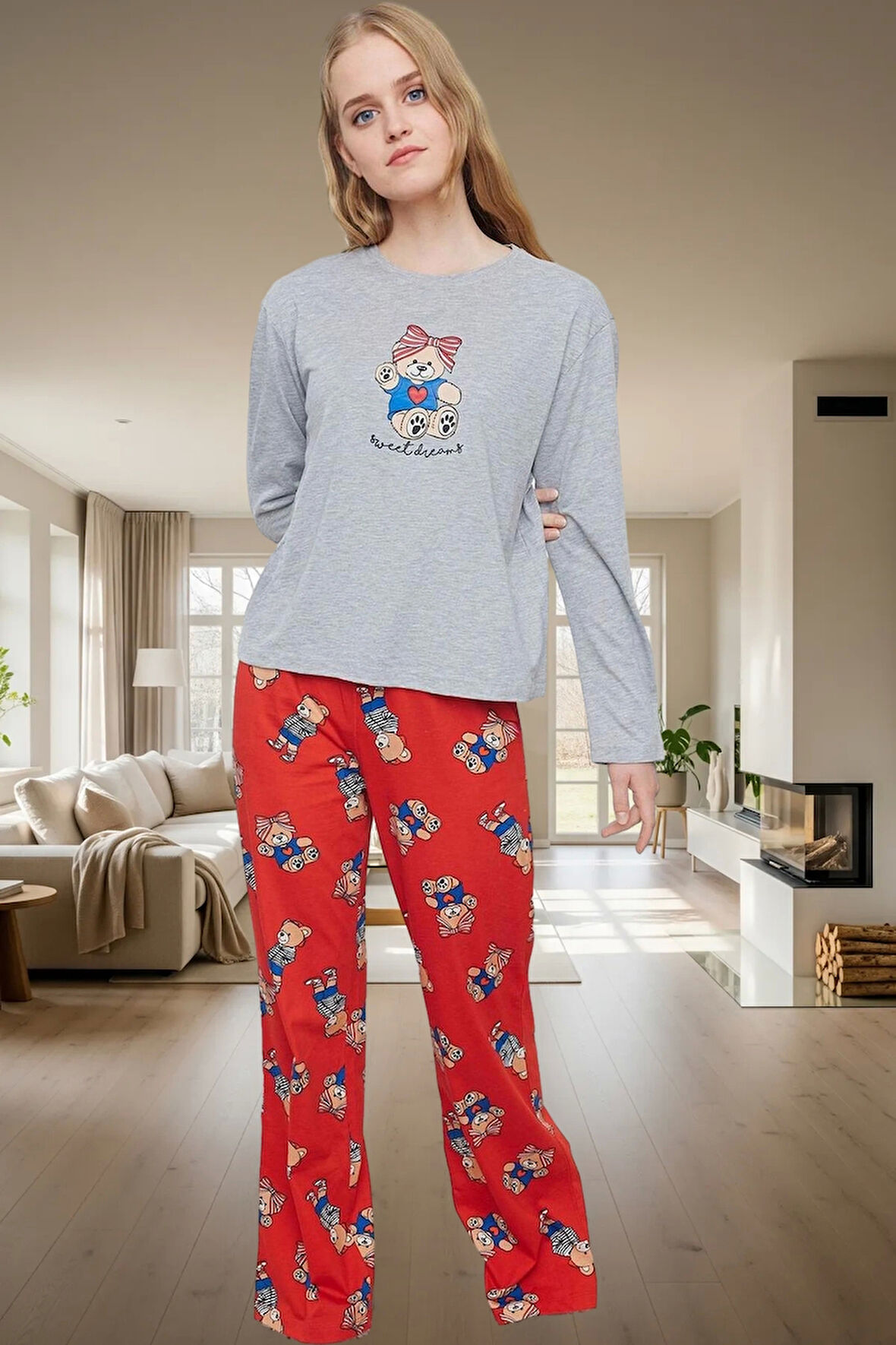 Ayıcıklı Kadın Pijama Takımı; Kışlık Rahat ve 2'li Set Zarifane Tasarım