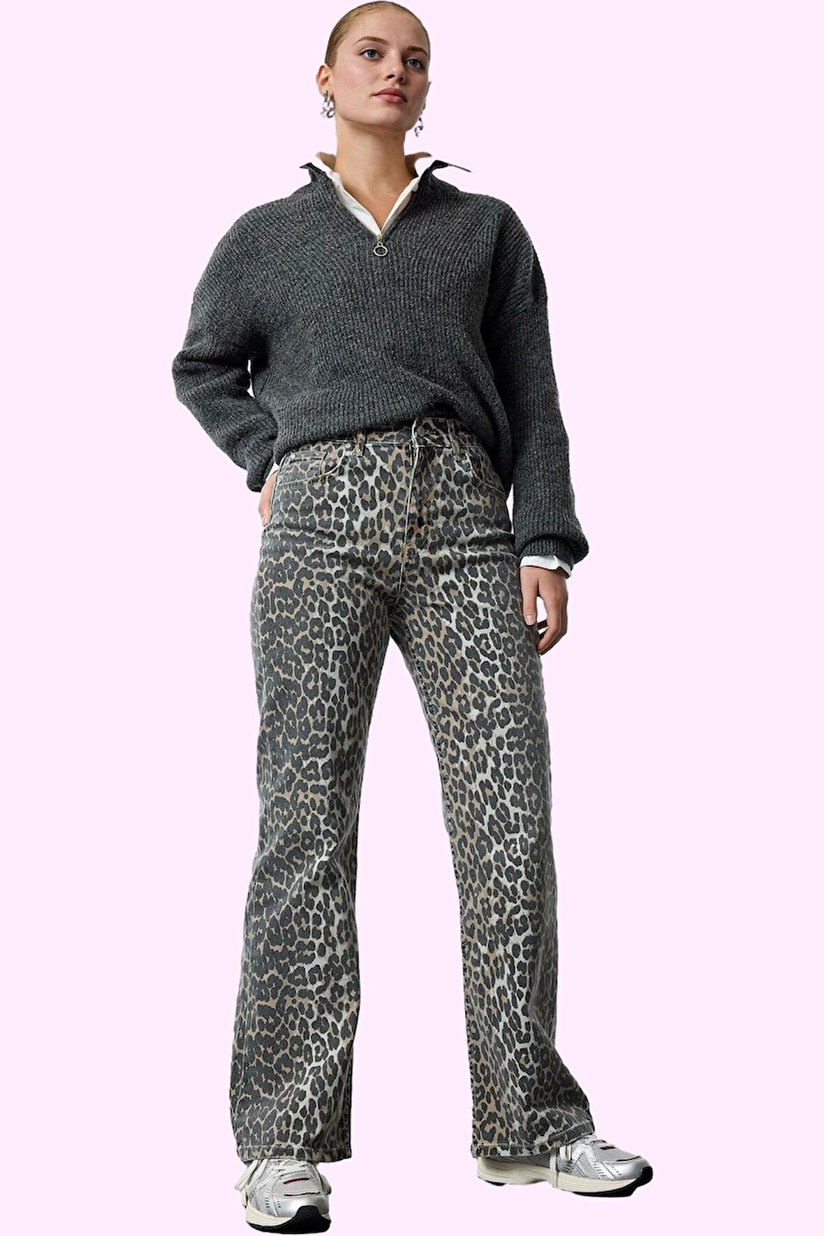 Kadın Leopar Desenli Denim Pantolon Yüksek Bel Wide Leg Rahat Günlük Kullanım Modern Tasarım