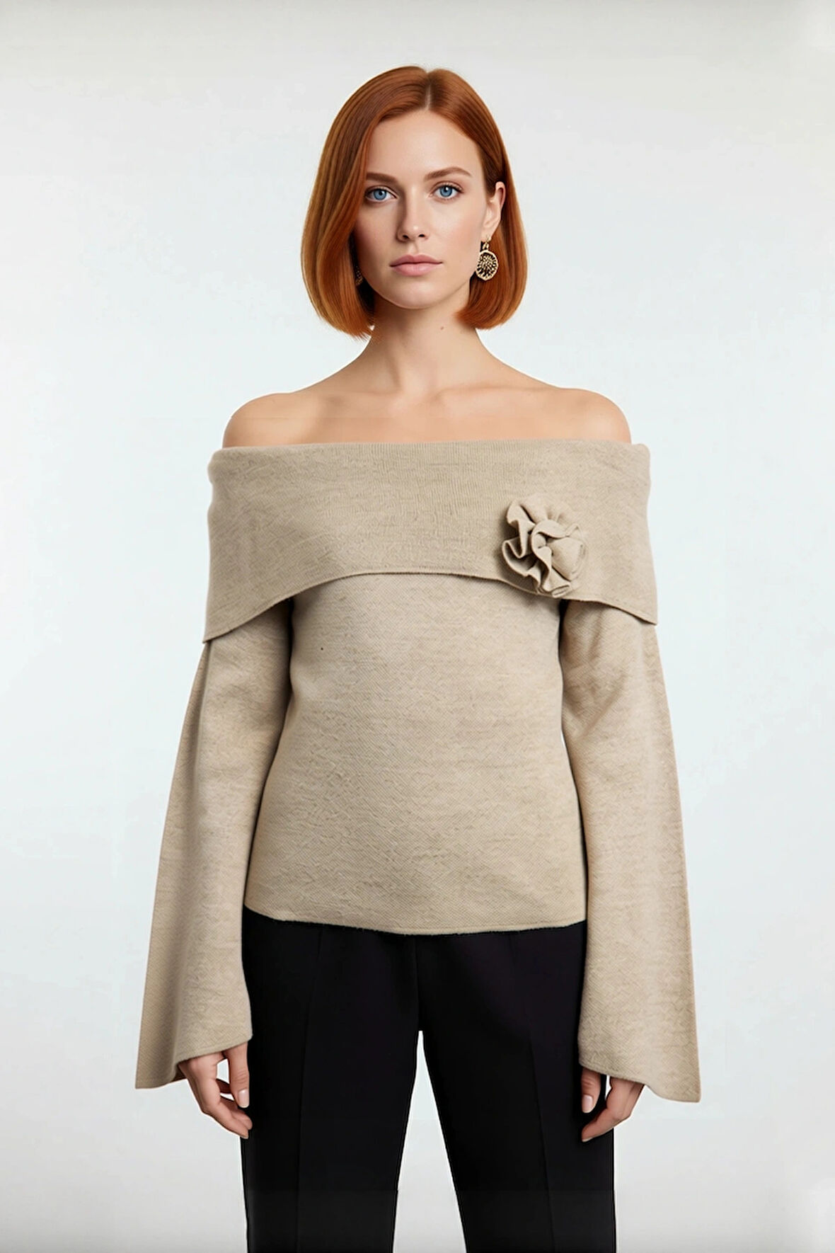 Kadın Carmen Yaka Gül Detaylı Triko Kazak Zarif Şık Regular Kalıp Çan Kol Gündüz Gece Kombin