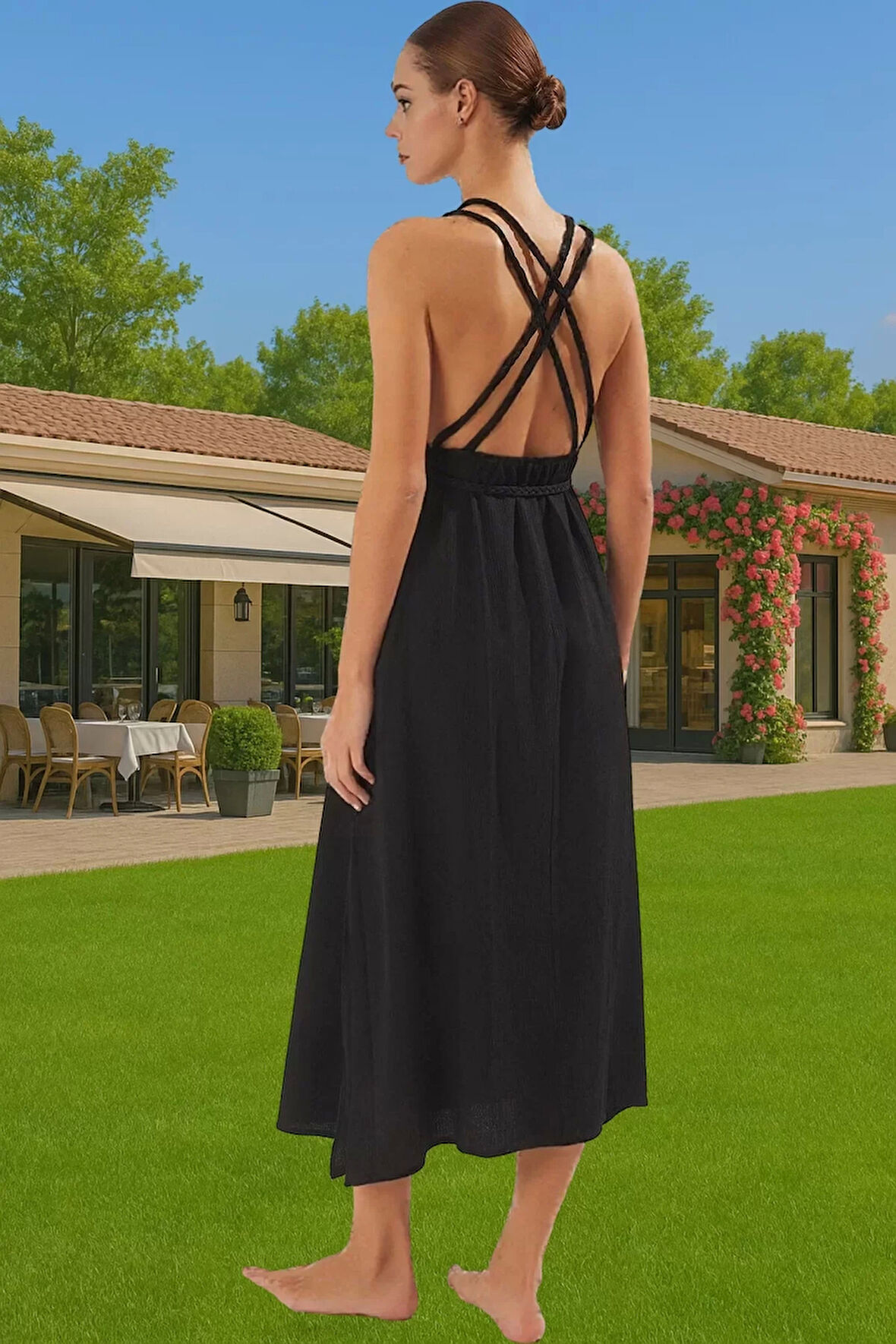 Yazlık Kadın Maxi Elbise Pamuklu Dokuma Crinkle Kumaşlı Bağlamalı Dayanıklı Malzeme Mükemmel Uyum