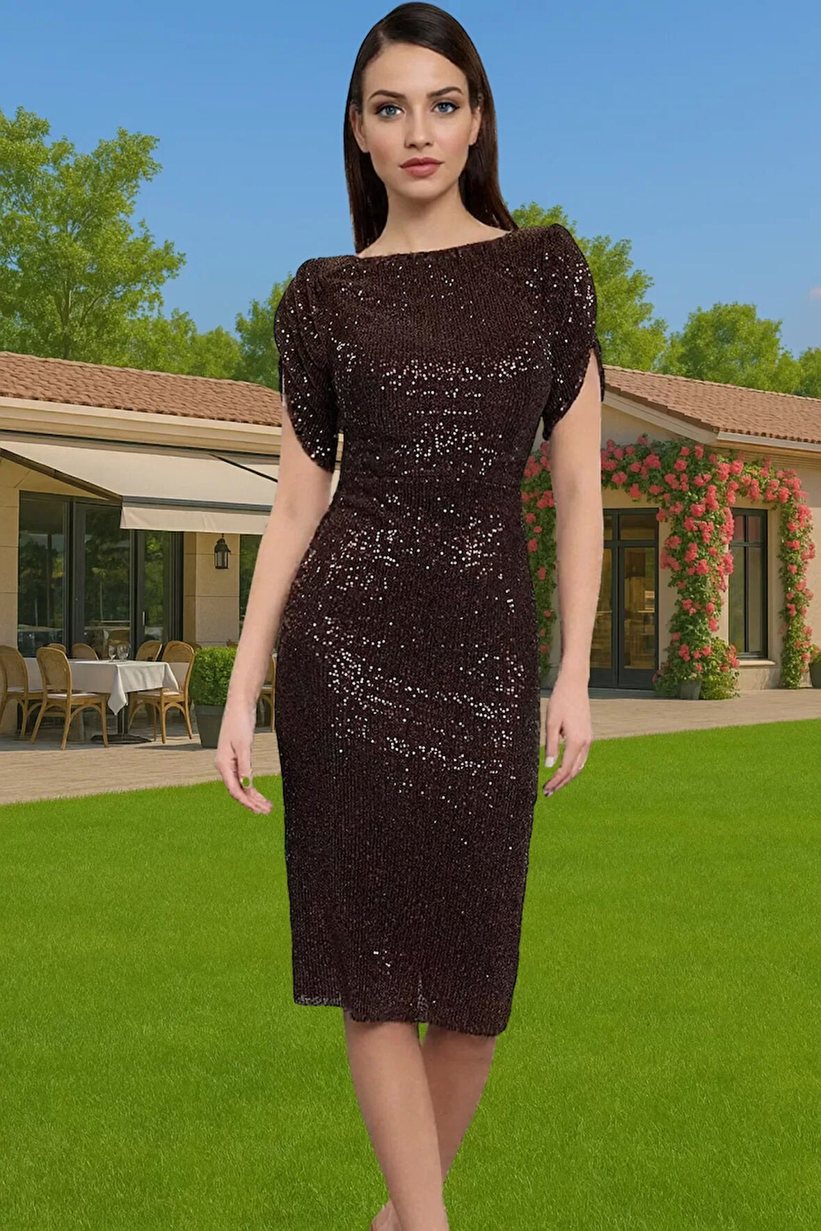 Şık Bodycon Abiye Elbise Payet İşlemeli Polyester Karışımlı Midi Boy Seçkin Malzeme