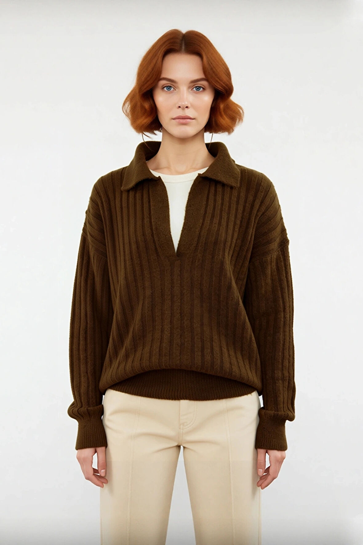 Kadınlara Özel Oversize Fitilli Triko Kazak Düşük Kol Polo Yaka Kış Sezonu İçin İdeal Günlük Giyim