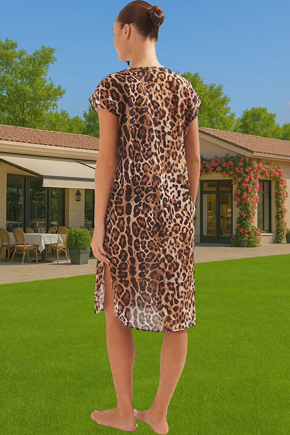 Rahat %100 Pamuk Leopar Desenli Maxi Elbise Plaj ve Günlük Kullanım Zarifane Tasarım Trend Tasarım