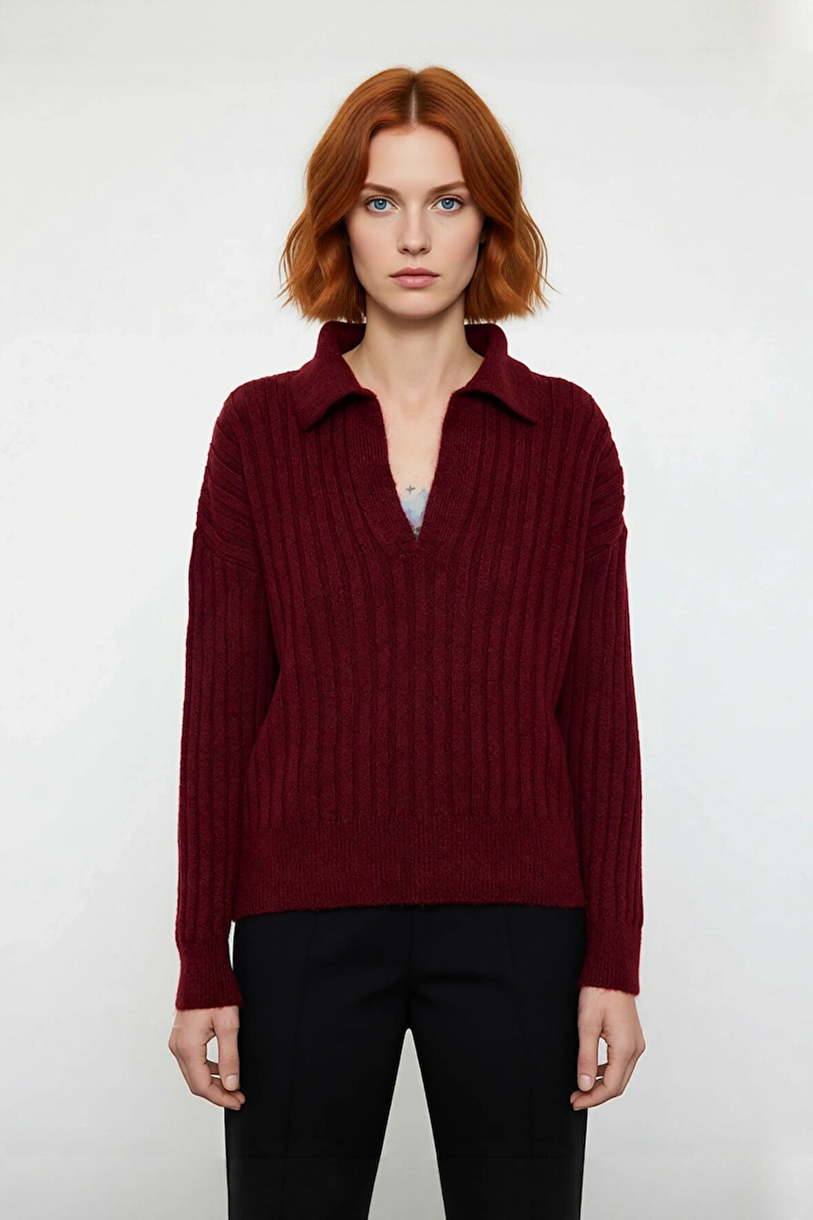 Kadınlara Özel Oversize Fitilli Triko Kazak Düşük Kol Polo Yaka Kış Sezonu İçin İdeal Günlük Giyim