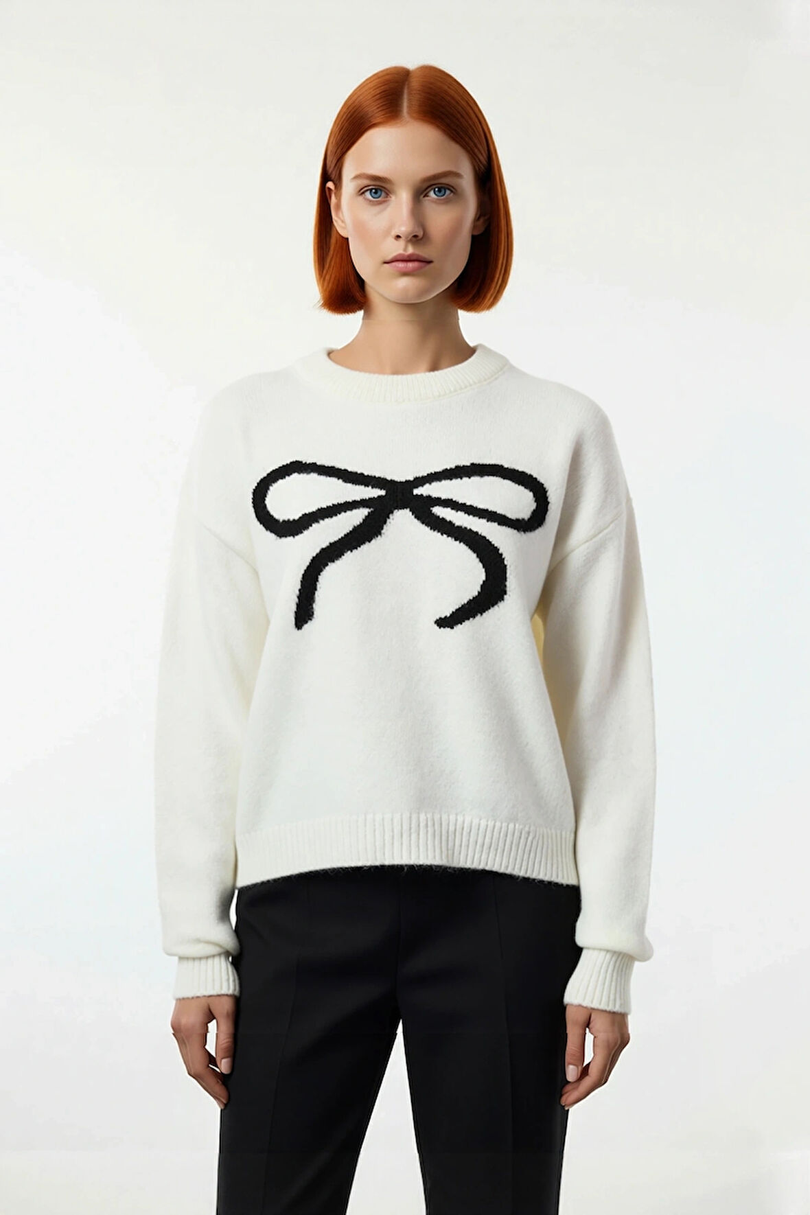 Kadın Regular Kalıp Şık Fiyonk Desenli Bisiklet Yaka Uzun Kollu Triko Kazak Kış Kombini Kaliteli