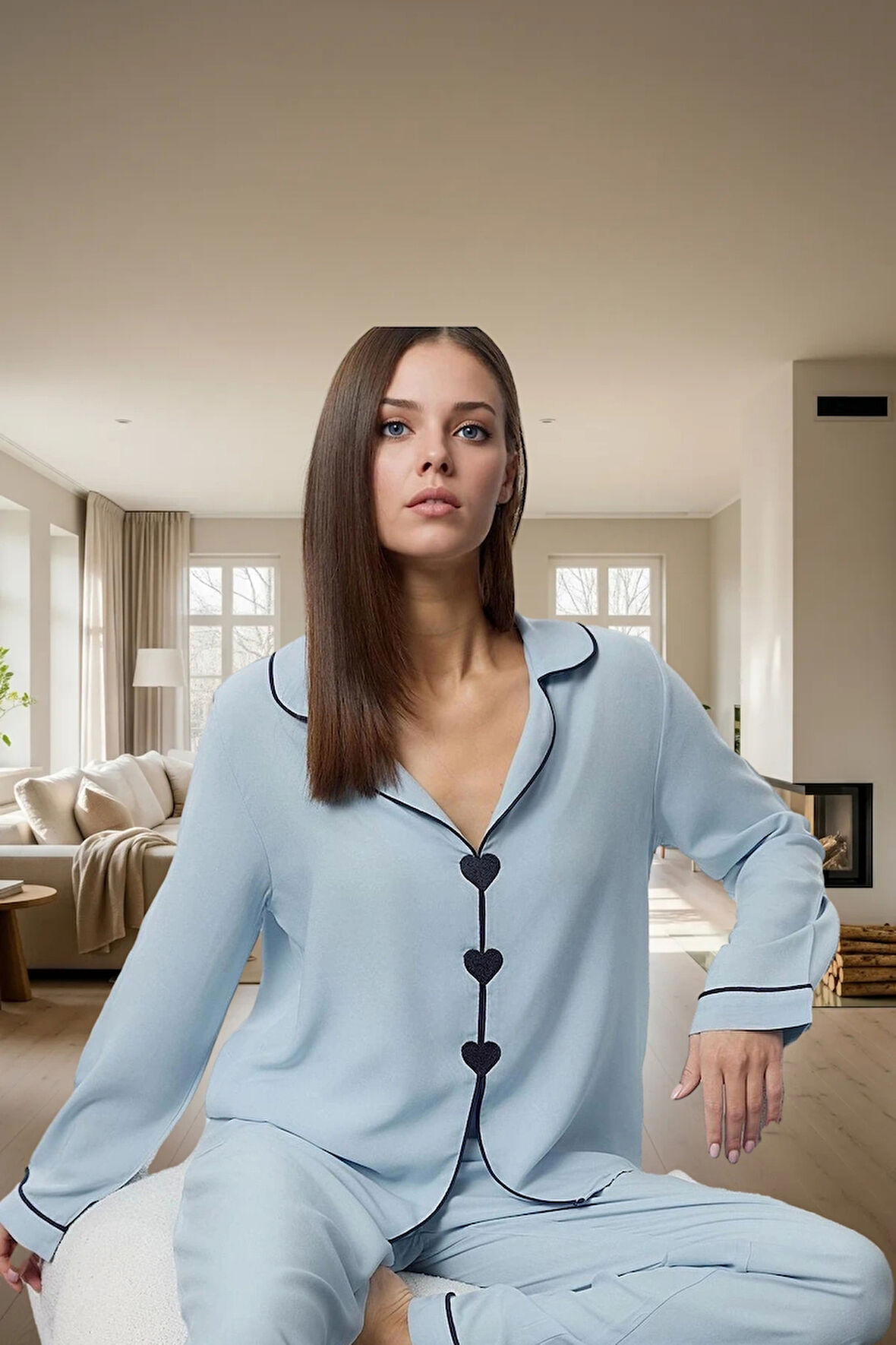 2'li Kalp Detaylı Viskon Pijama Takımı; Rahat ve Şık Kışlık Seçkin Malzeme Premium Kalite