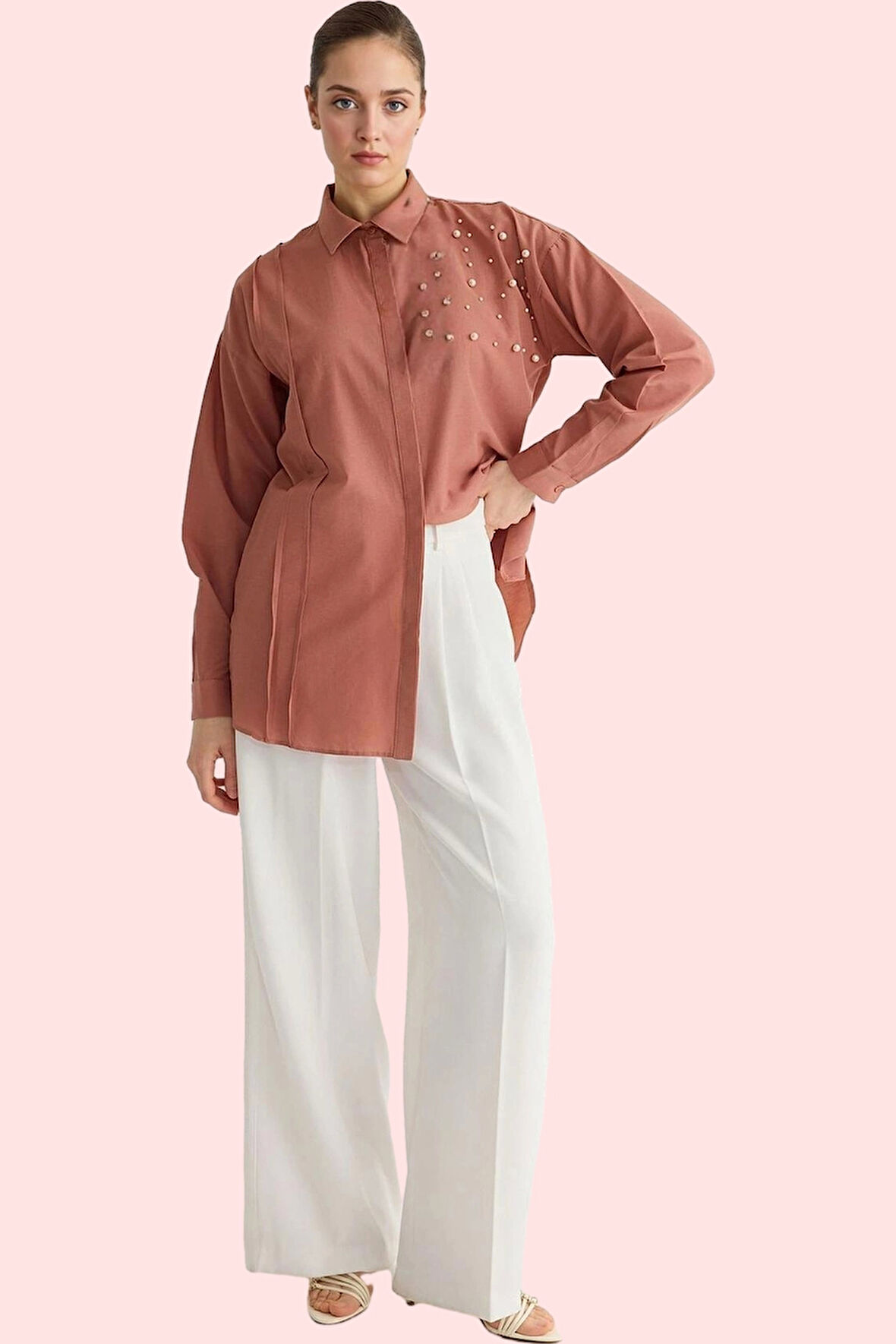 Kadın Uzun Kollu İncili Detaylı Gömlek Basic Kalıp Günlük Ve İş Yaz Aylarının Vazgeçilmezi