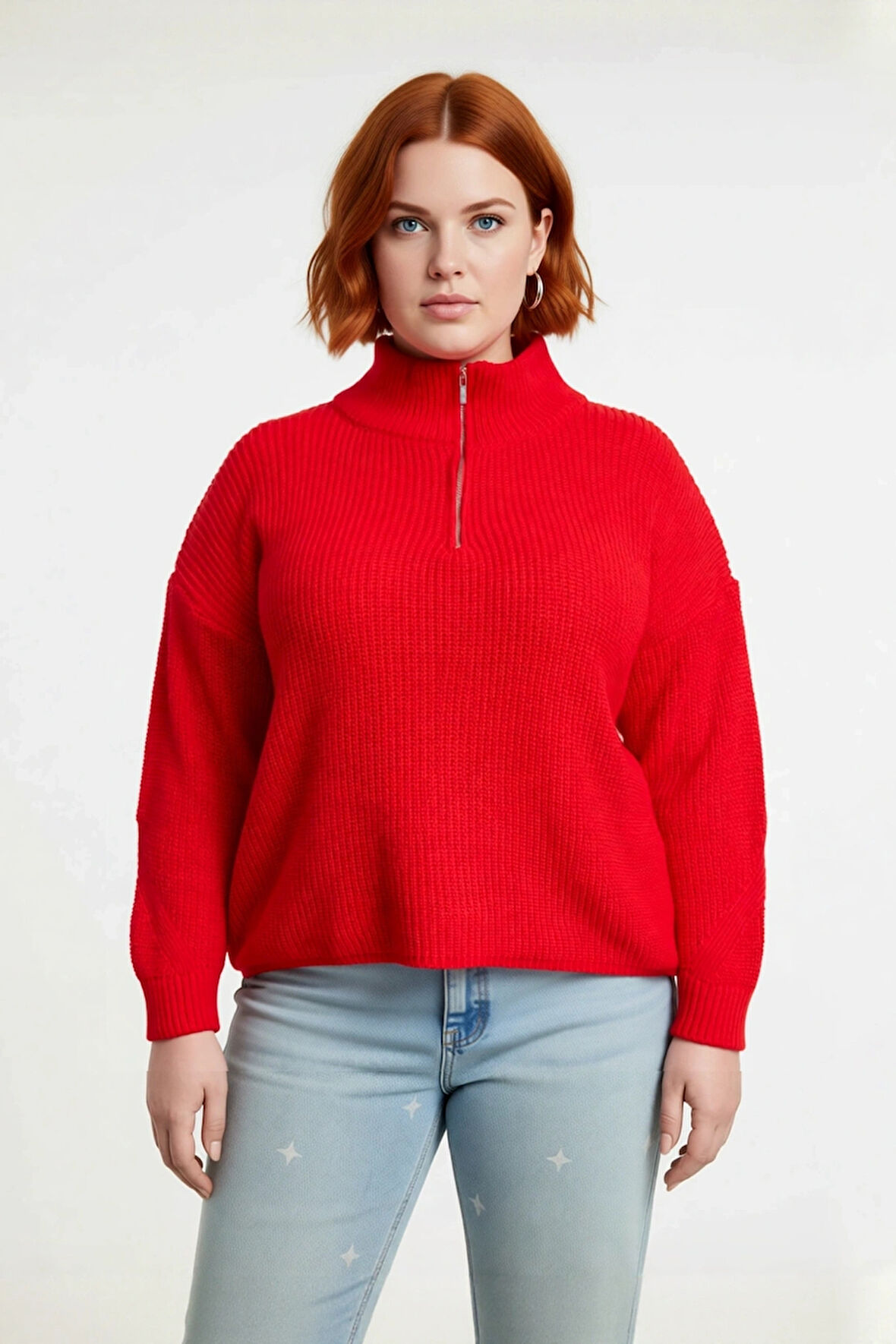 Kadın Kışlık Regular Kalıp Düz Desen Düşük Kol Fermuarlı Dik Yaka Akrilik Triko Kazak Kaliteli