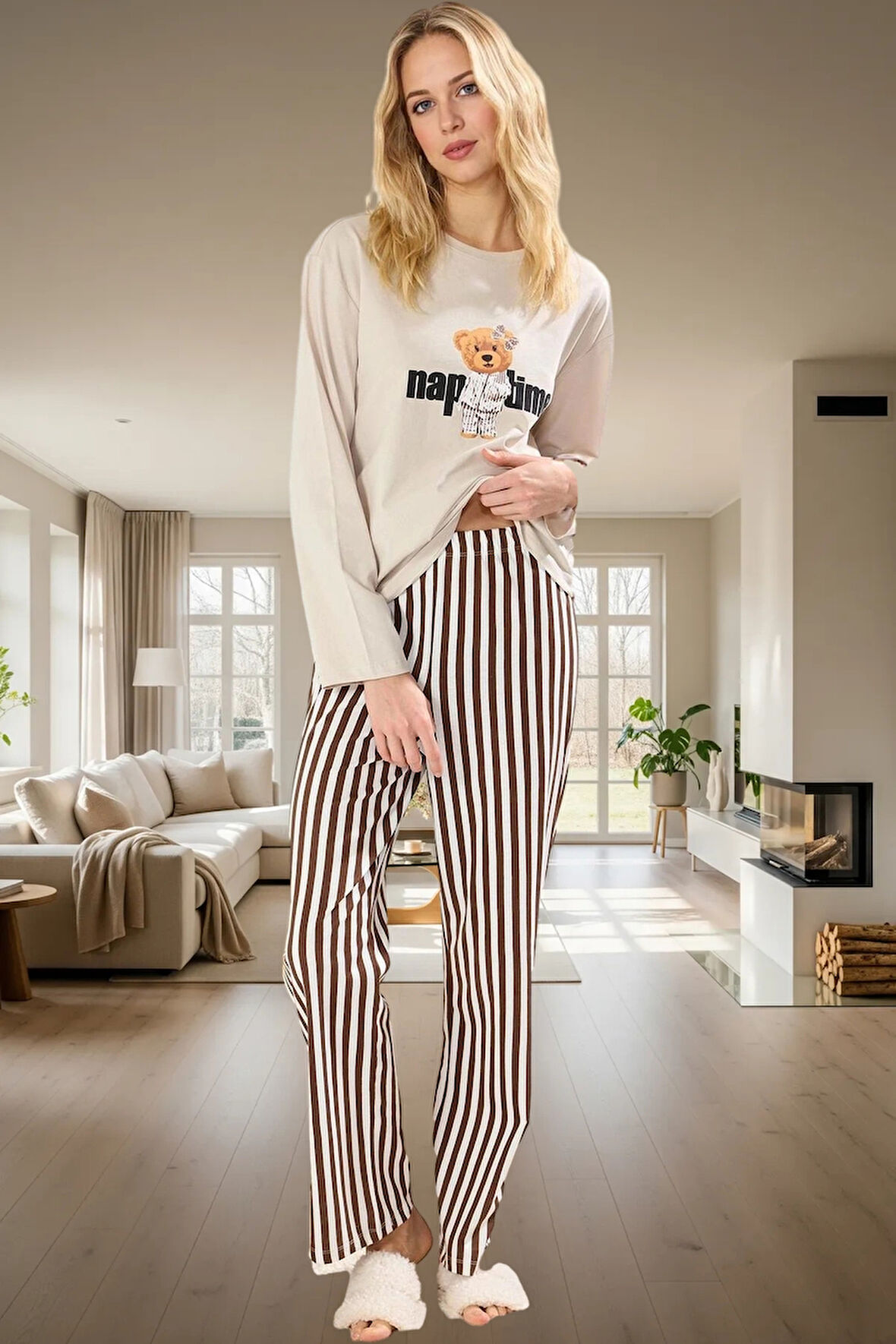 Çizgili Ayıcıklı Kadın Pijama Takımı %100 Pamuk Rahat ve Şık Yüksek Kalite Seçkin Malzeme