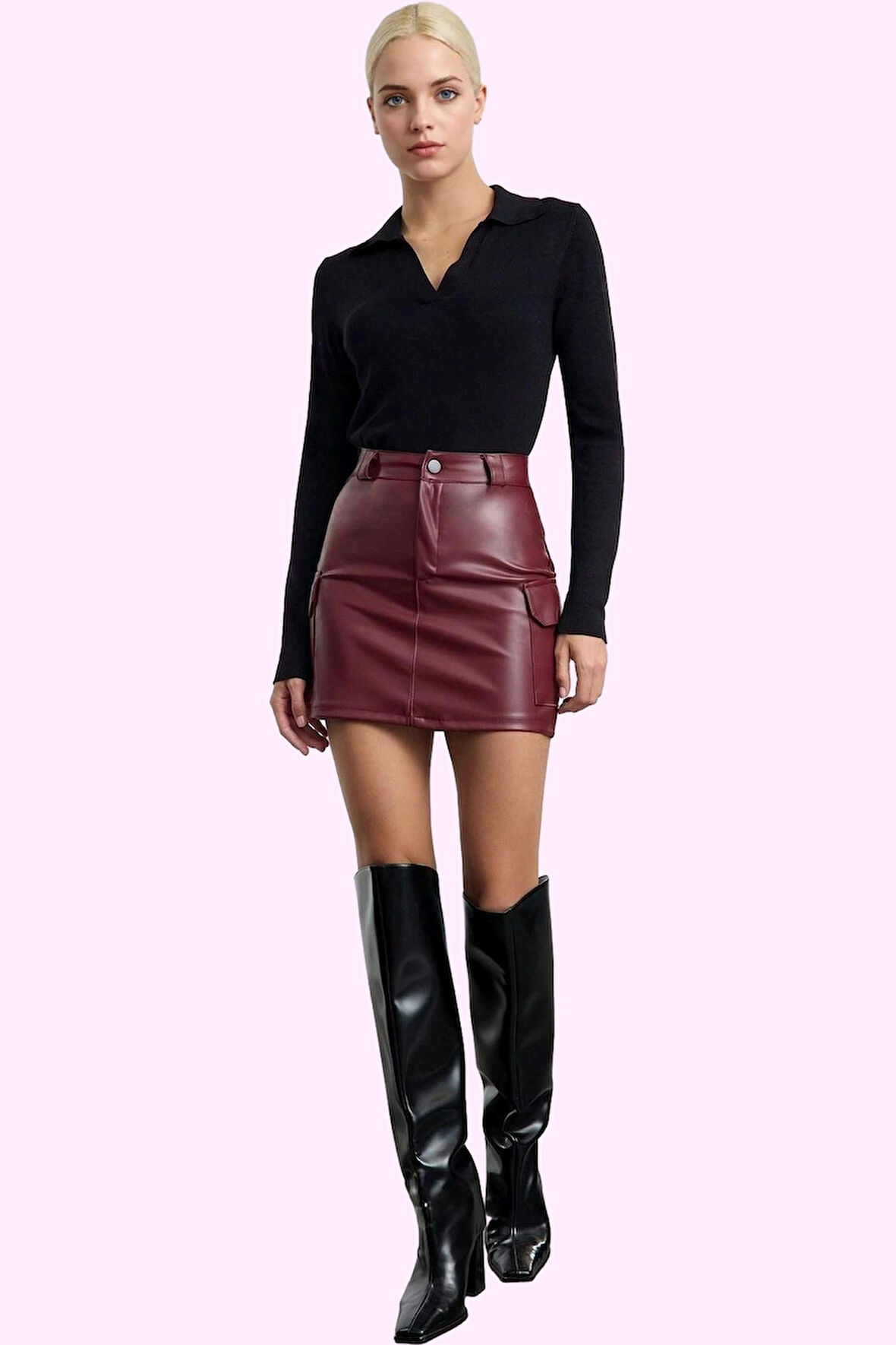 Kadın Suni Deri Mini Etek Yüksek Belli Kalem Kalıp Günlük Kombin Yaz Aylarının Vazgeçilmezi