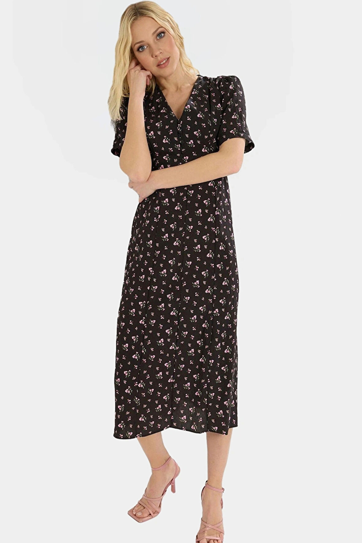 A line Midi Elbise Kısa Kollu Çiçekli Polyester Dokuma Rahat ve Şık Özel Tasarım